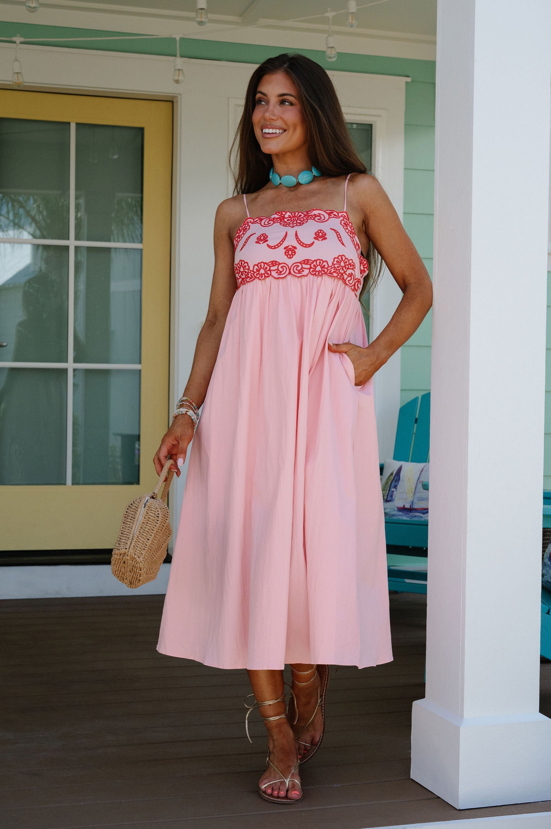 Camellia Embroidered Midi Dress-Baby Pink