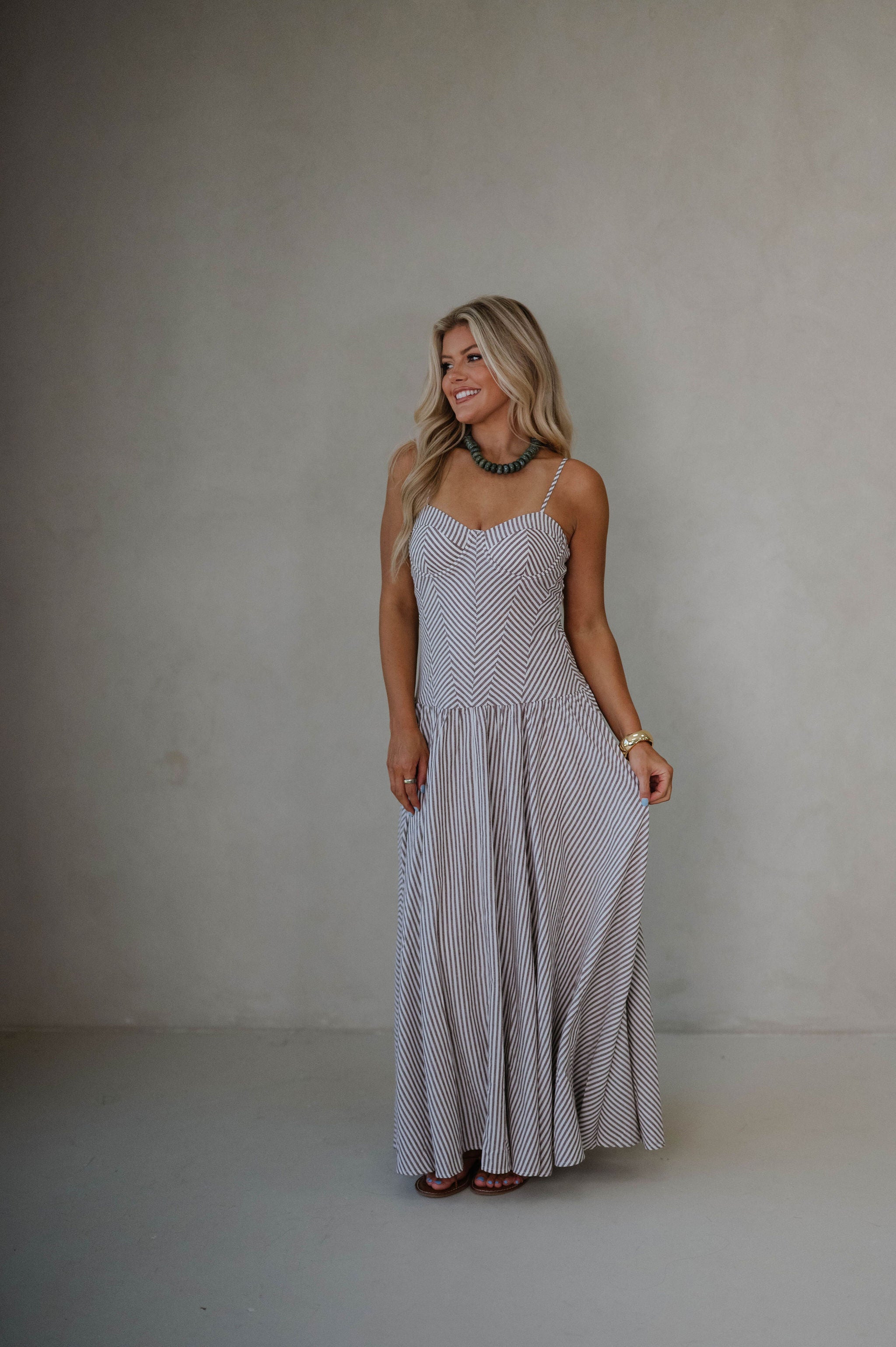 Sweetheart Striped Maxi Dress-Brown