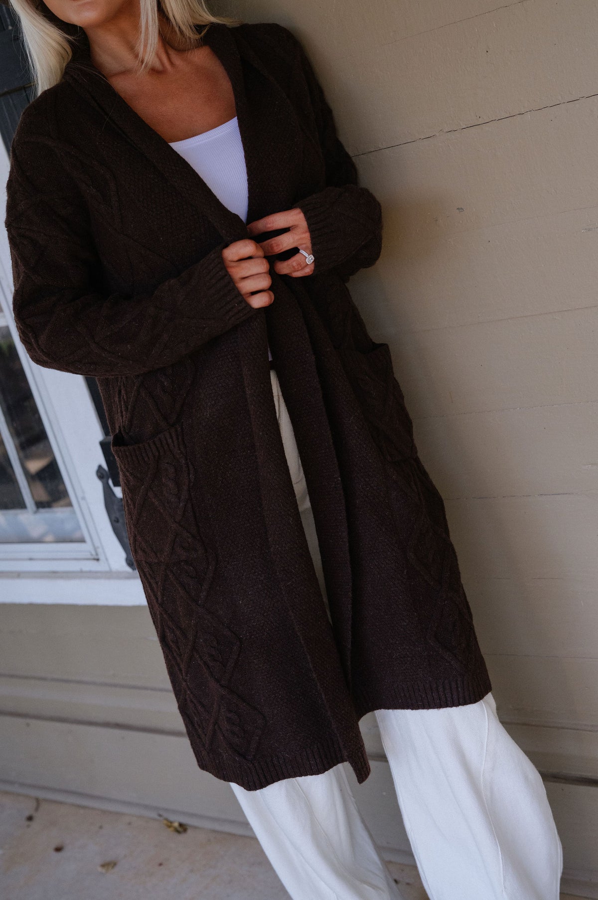 Peyton Longline Cable Knit Cardigan-Chocolate Brown