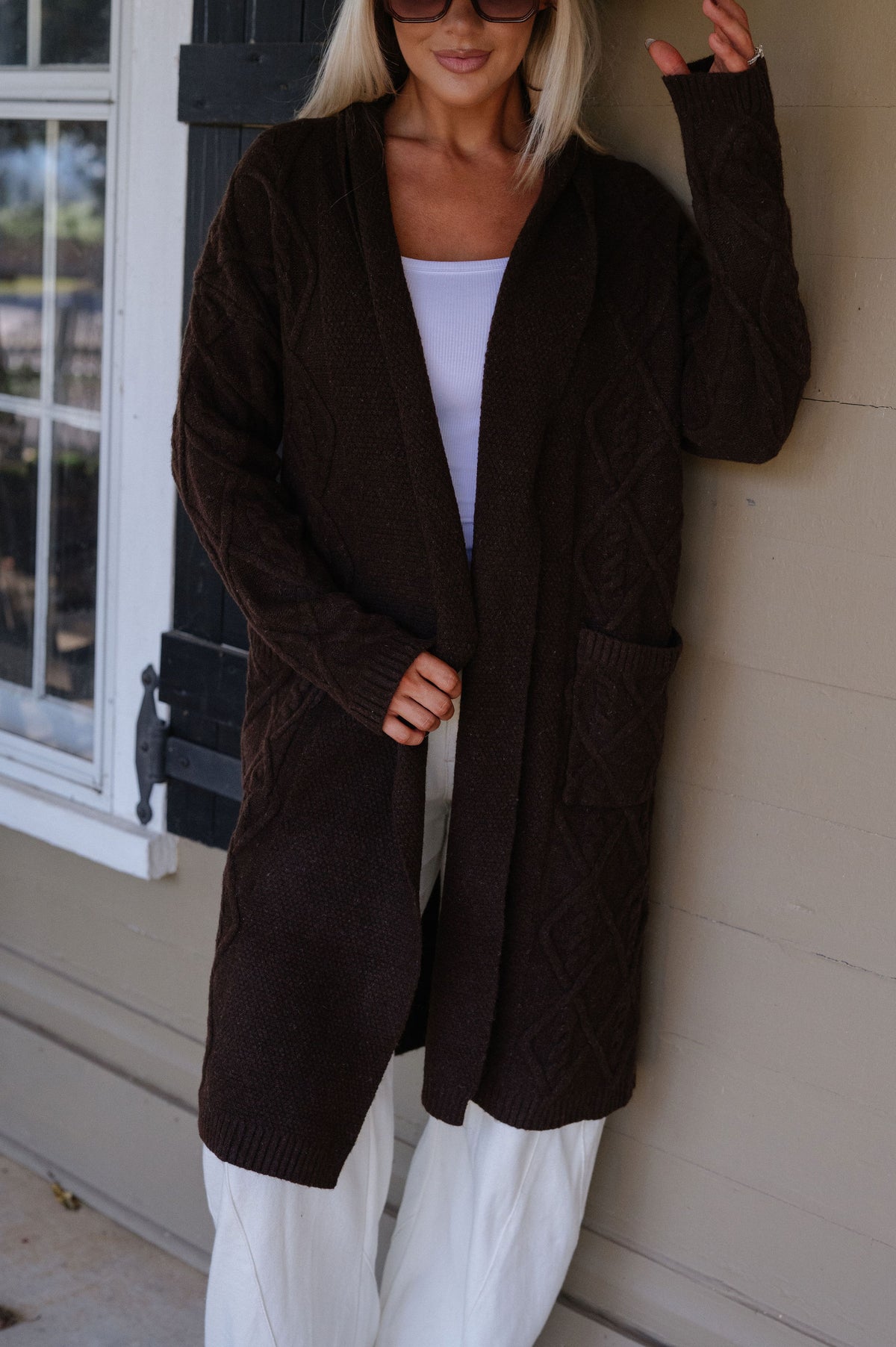 Peyton Longline Cable Knit Cardigan-Chocolate Brown