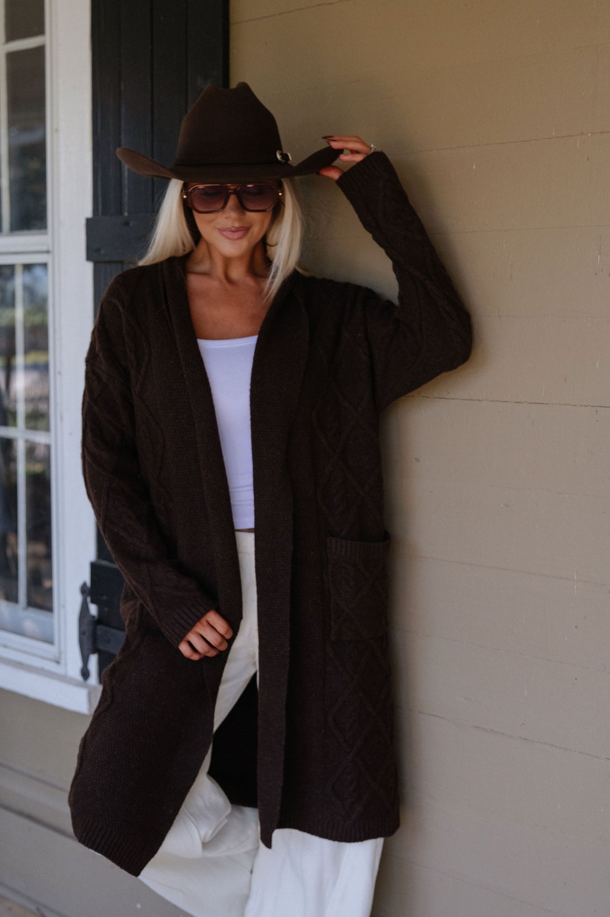 Peyton Longline Cable Knit Cardigan-Chocolate Brown