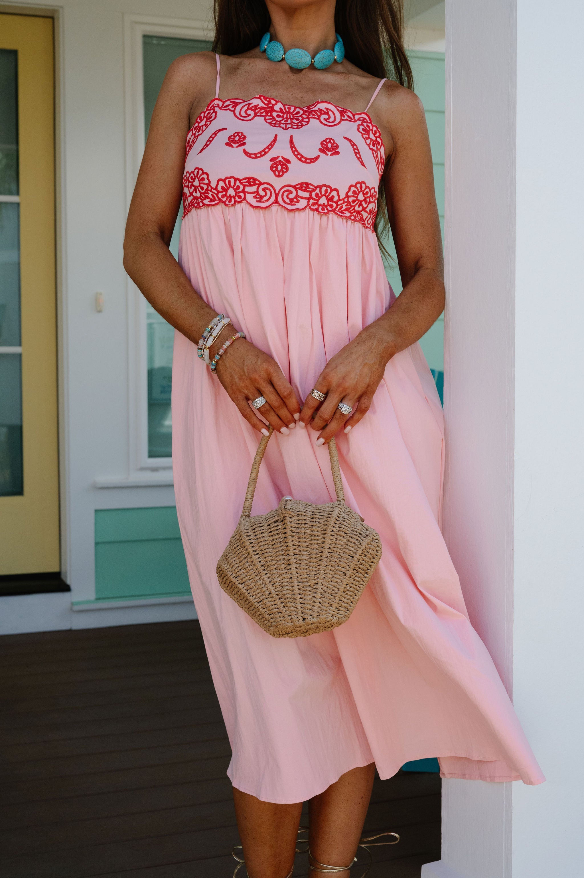Camellia Embroidered Midi Dress-Baby Pink