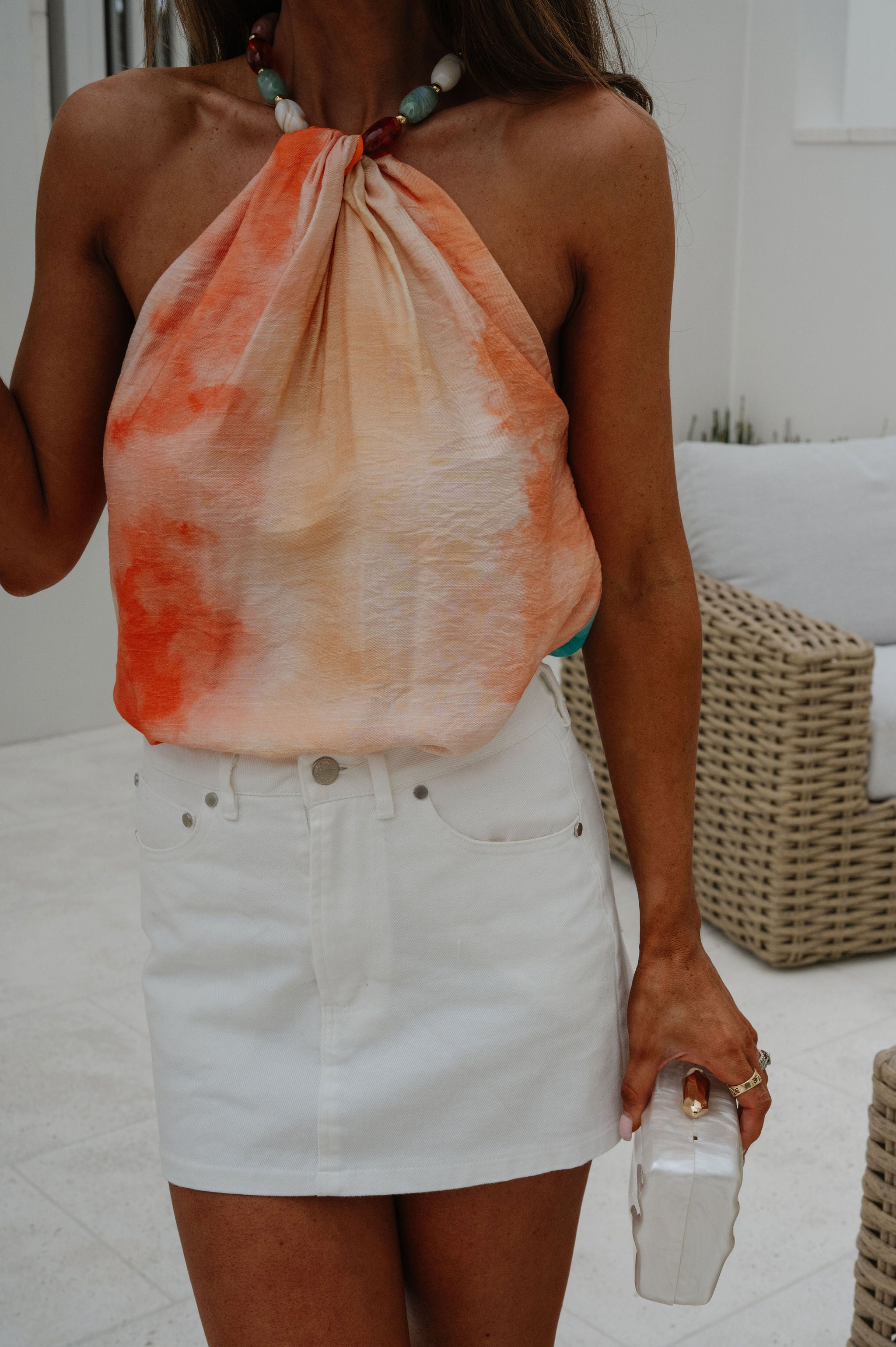 Celeste Stone Halter Top-Orange-Aqua