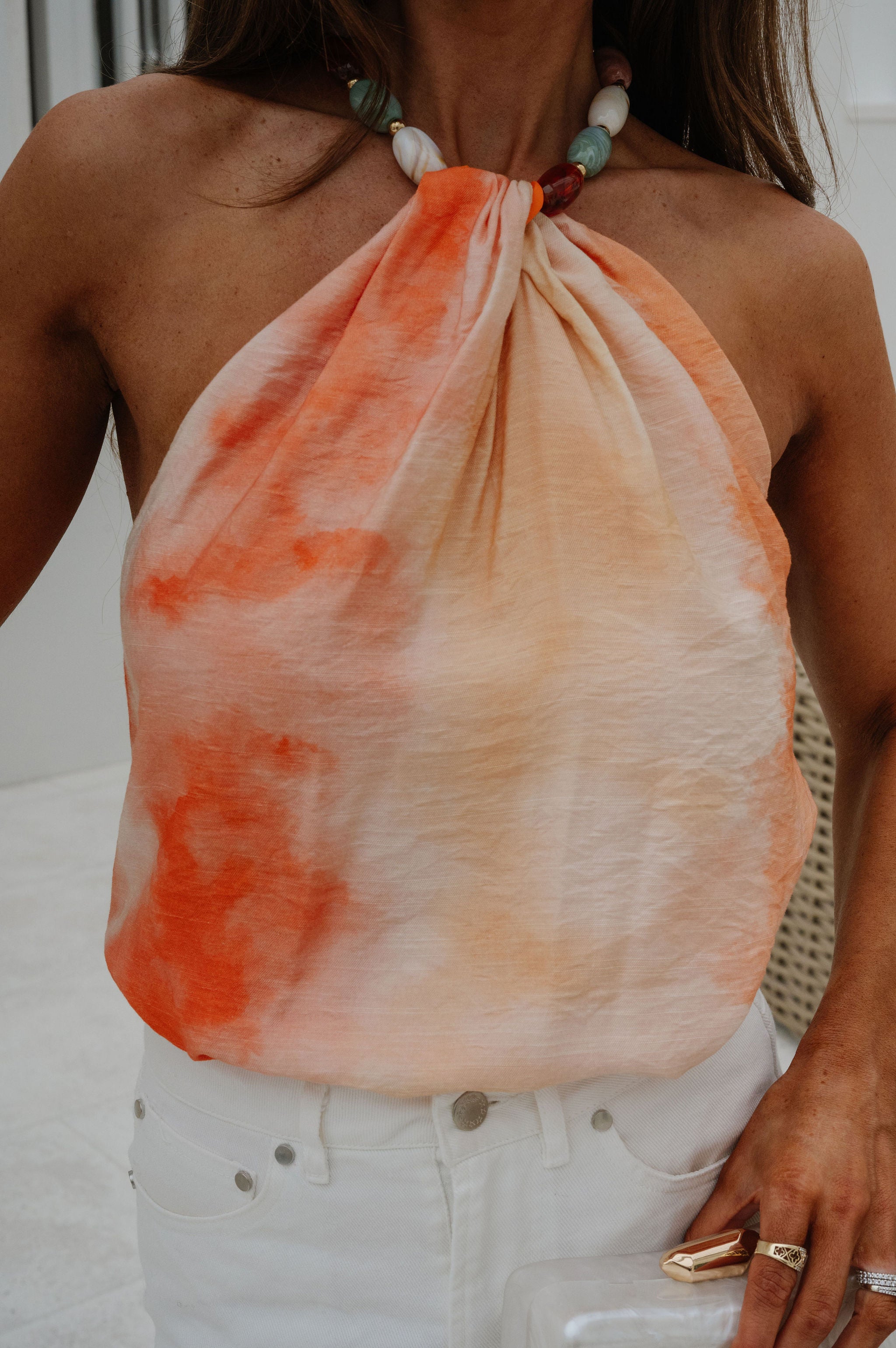 Celeste Stone Halter Top-Orange-Aqua