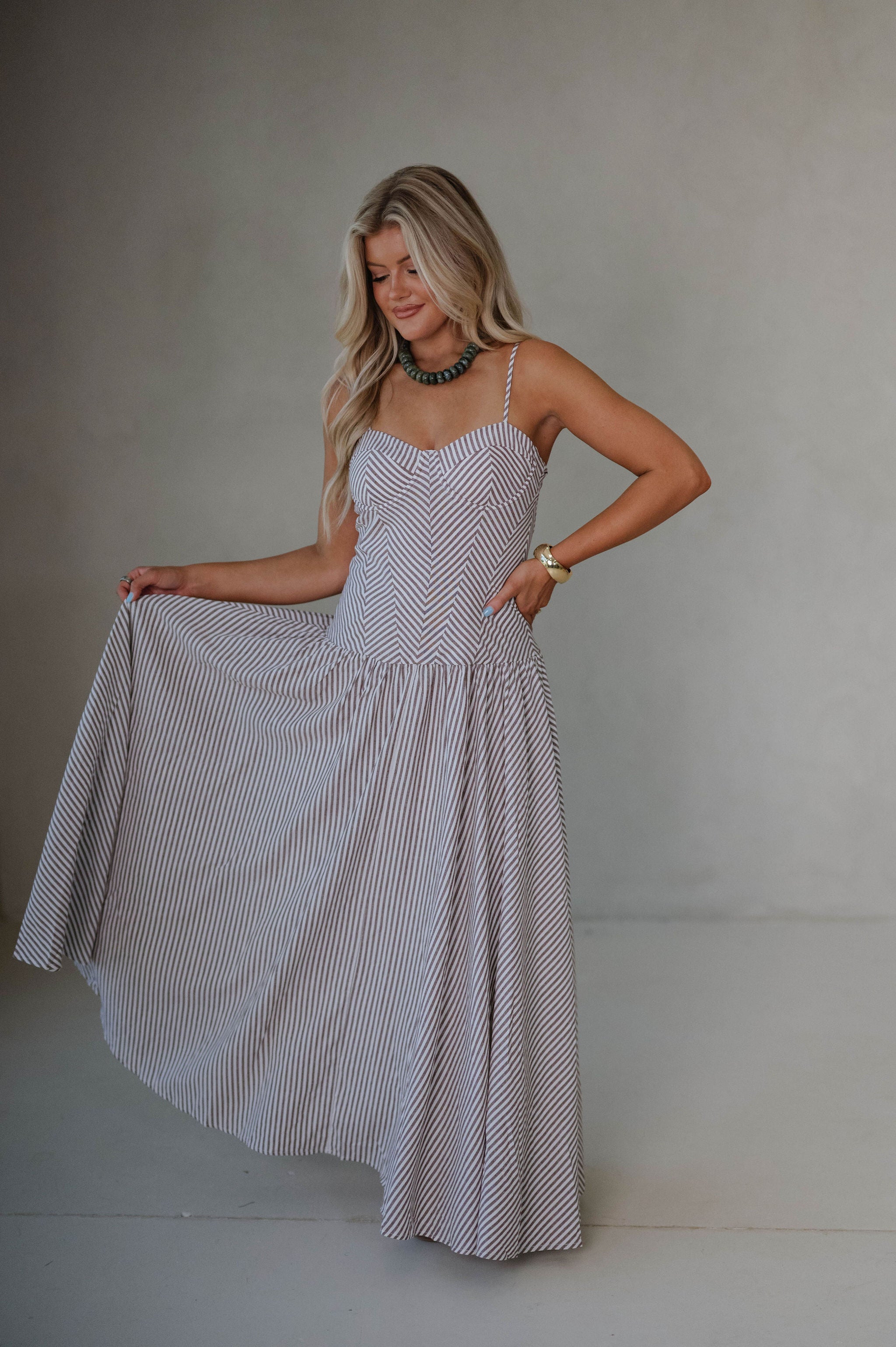 Sweetheart Striped Maxi Dress-Brown