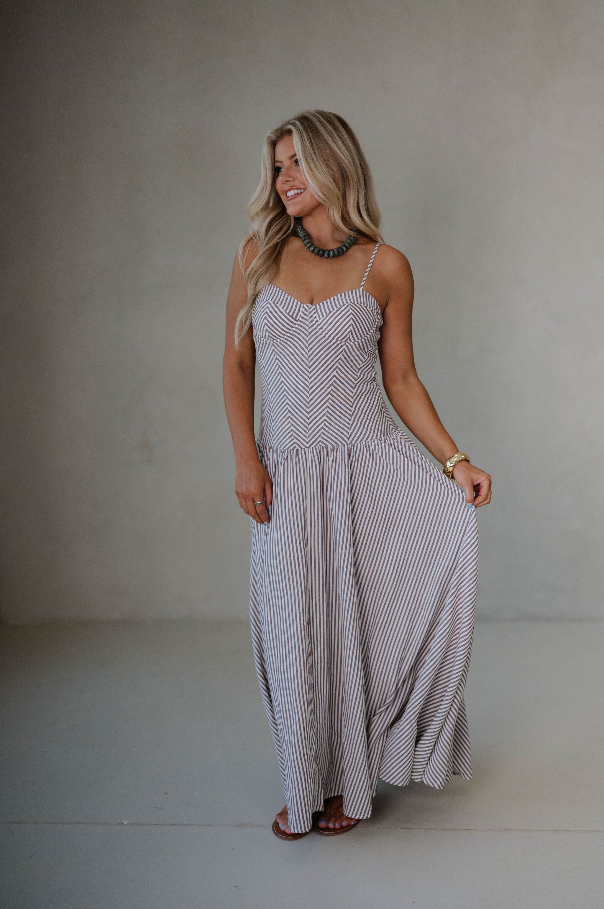 Sweetheart Striped Maxi Dress-Brown