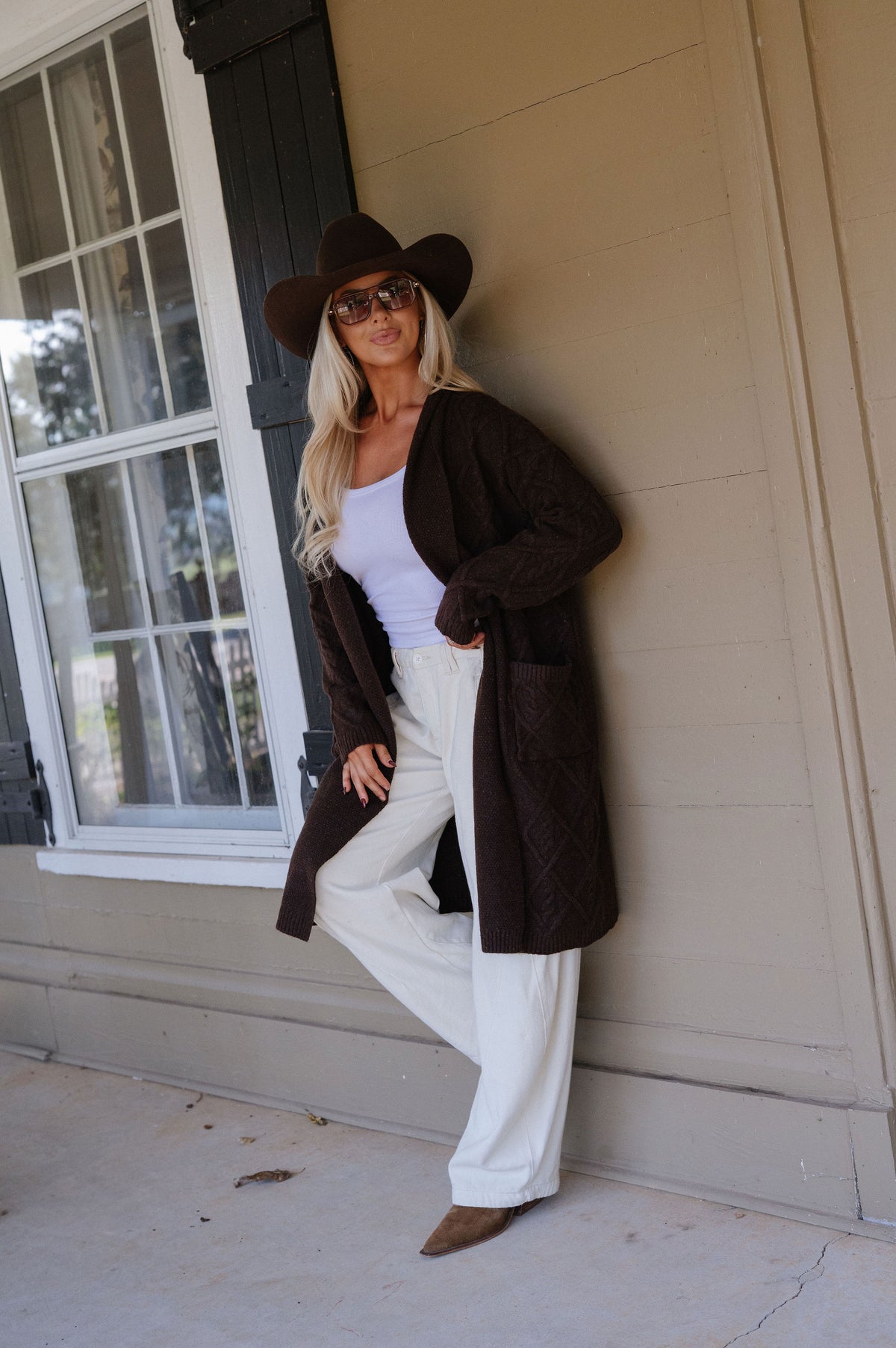 Peyton Longline Cable Knit Cardigan-Chocolate Brown