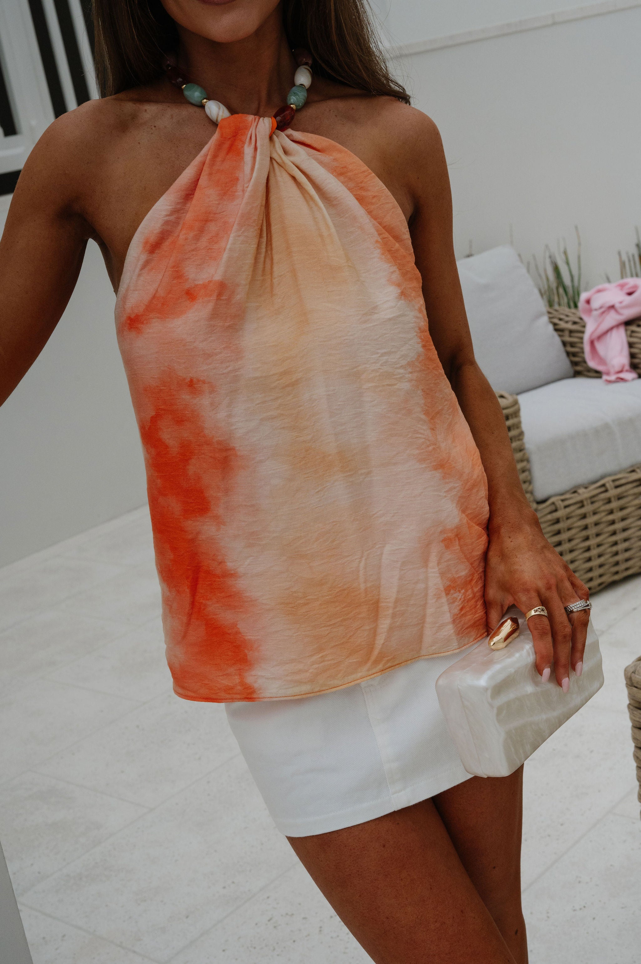 Celeste Stone Halter Top-Orange-Aqua