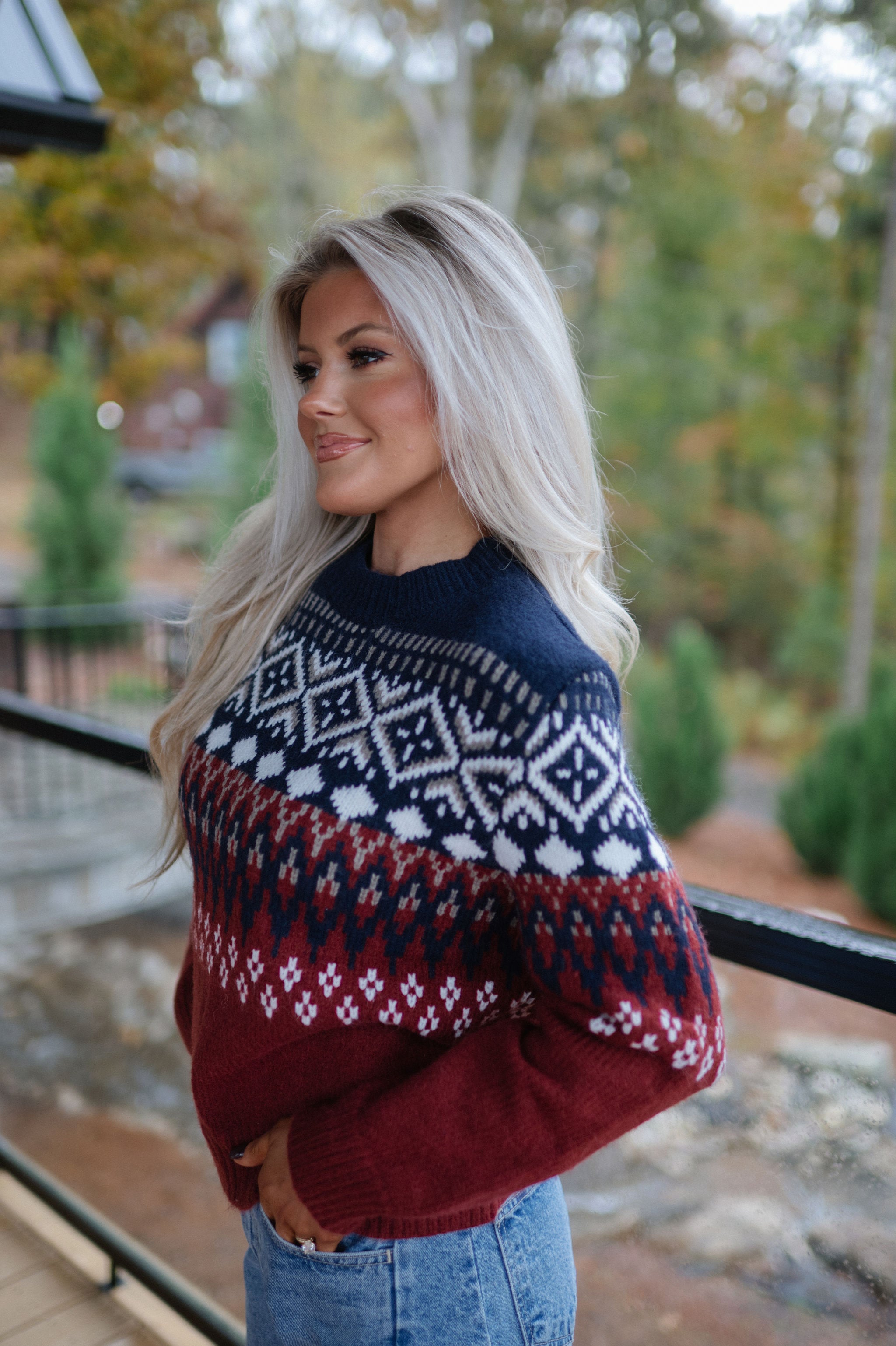 Aztec Crew Neck Sweater-Navy Multi