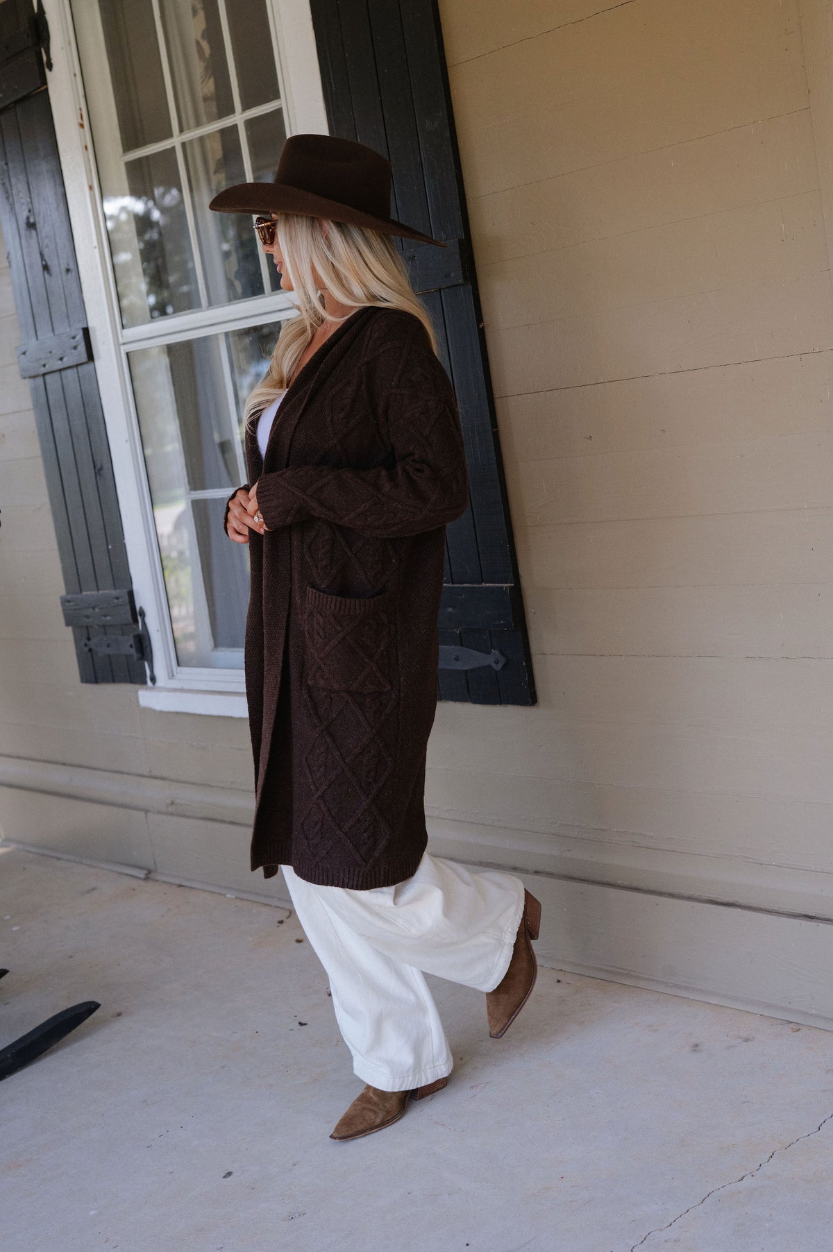 Peyton Longline Cable Knit Cardigan-Chocolate Brown
