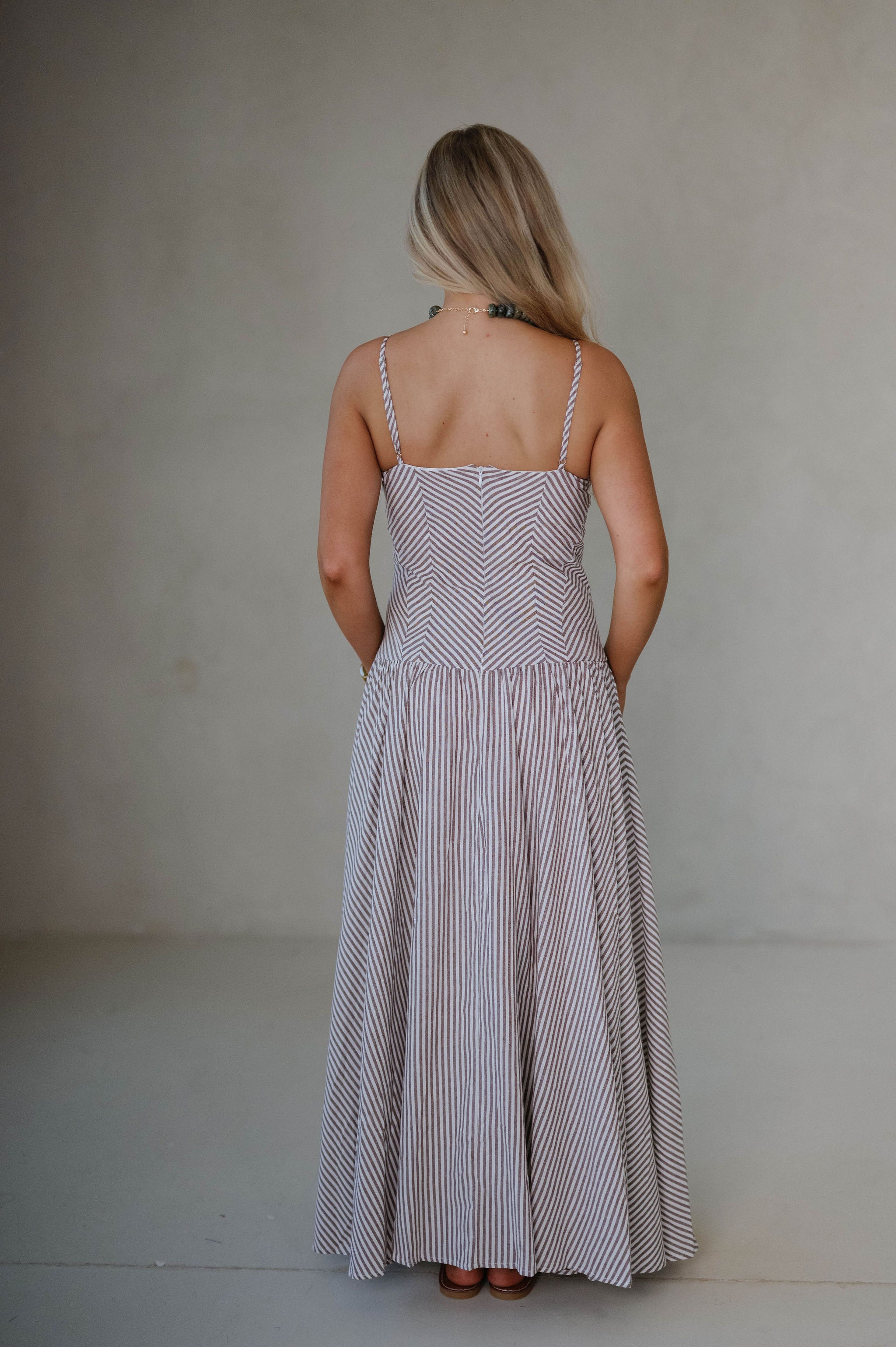 Sweetheart Striped Maxi Dress-Brown