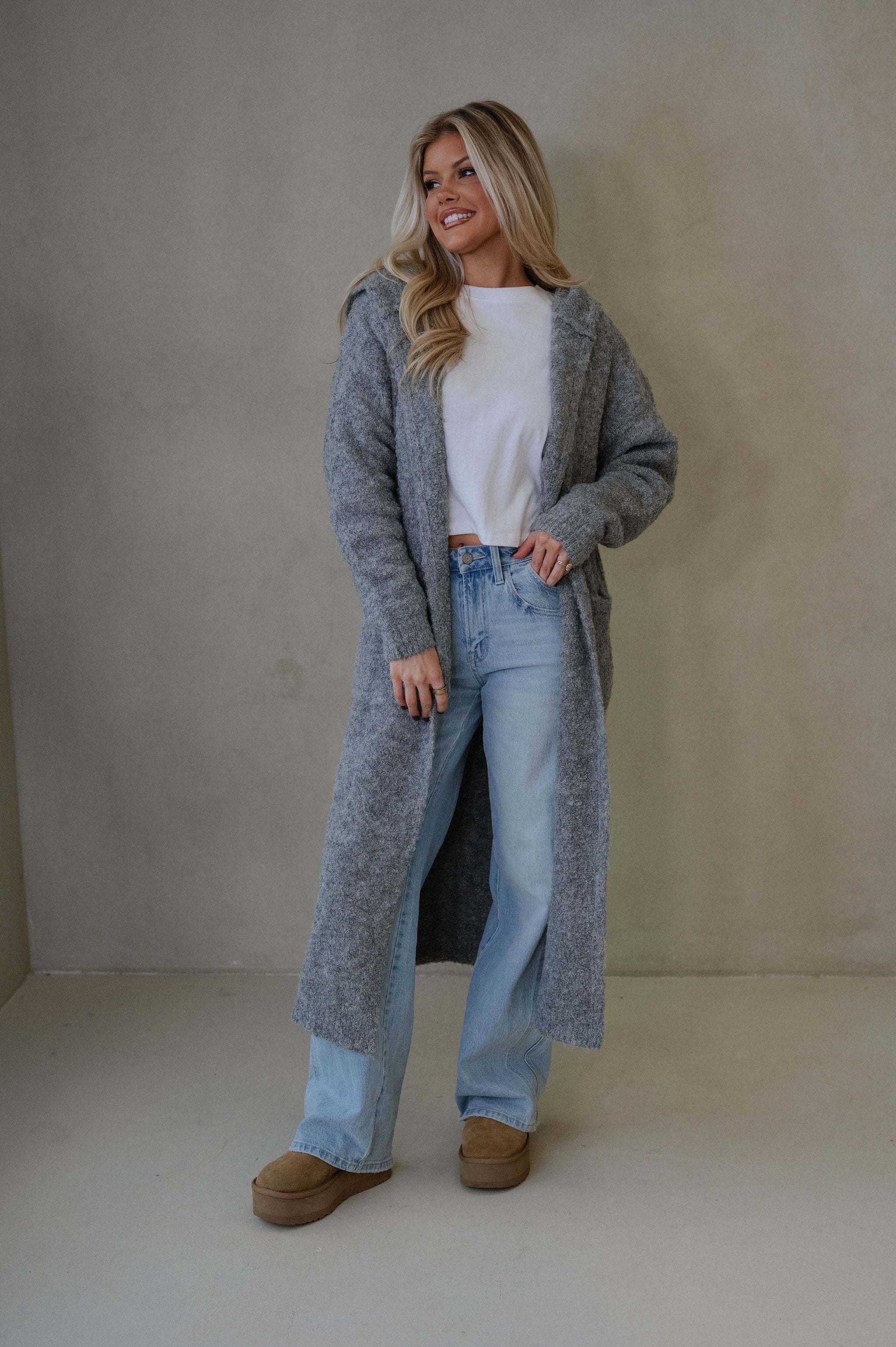 Cozy Knit Long Cardigan-Heather Grey