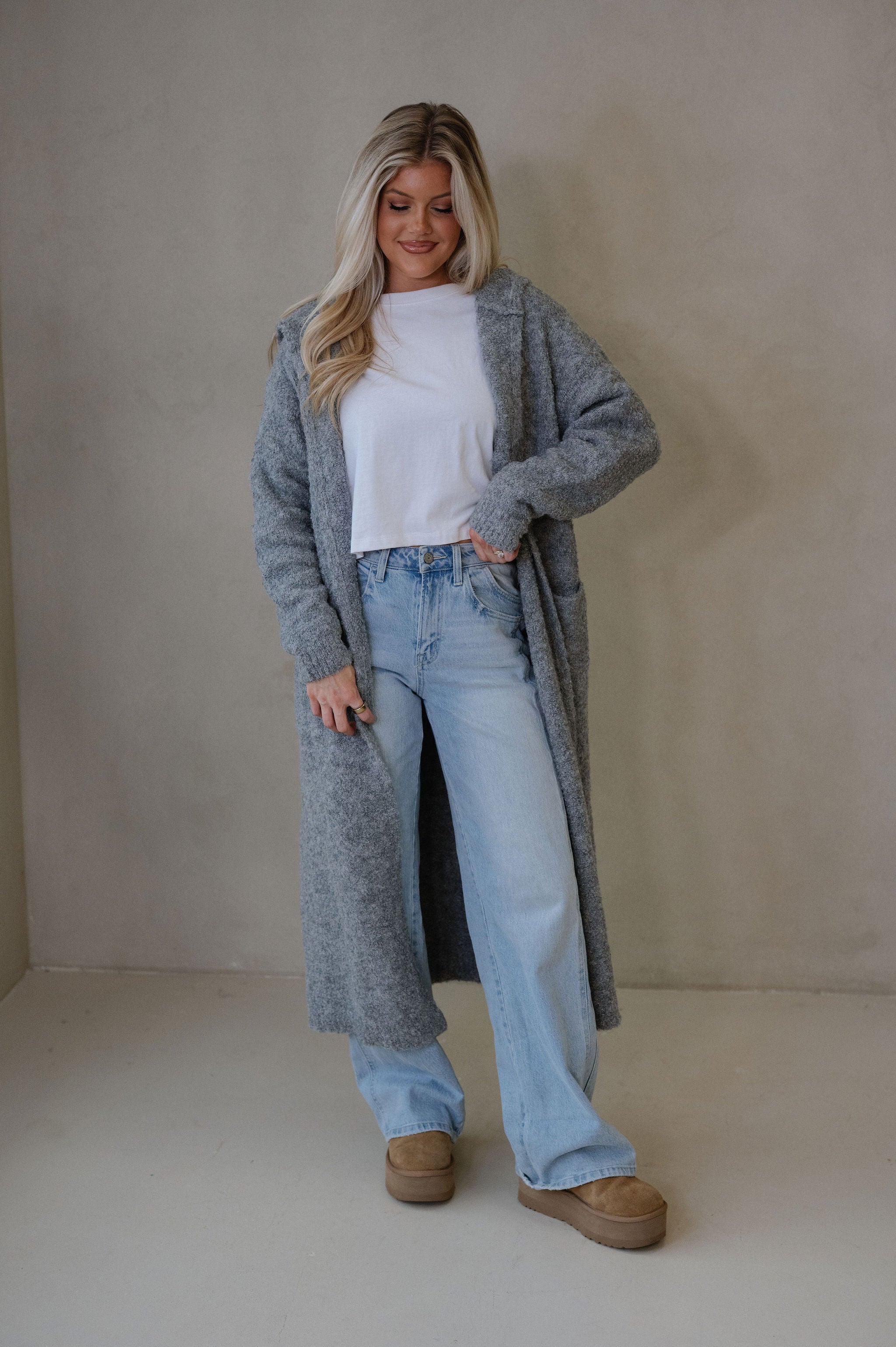 Cozy Knit Long Cardigan-Heather Grey