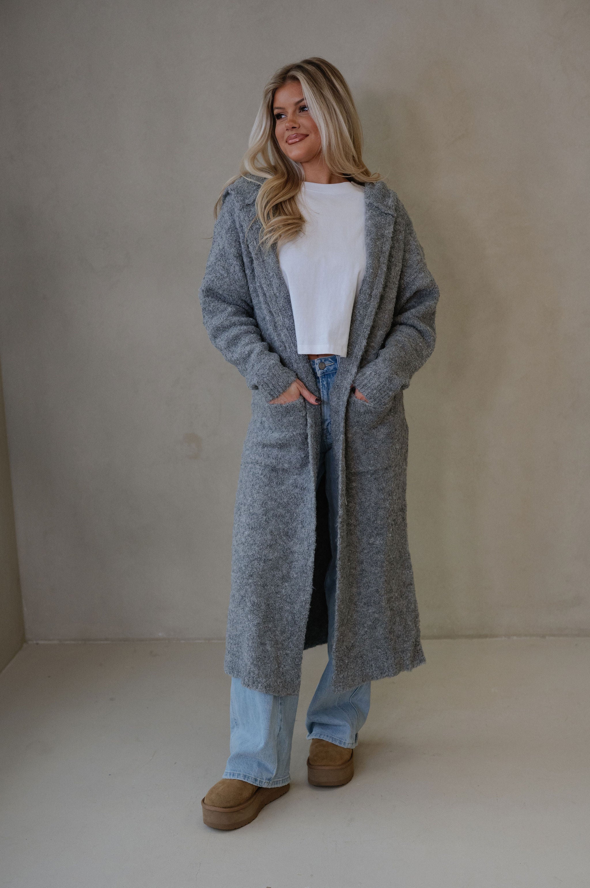 Cozy Knit Long Cardigan-Heather Grey