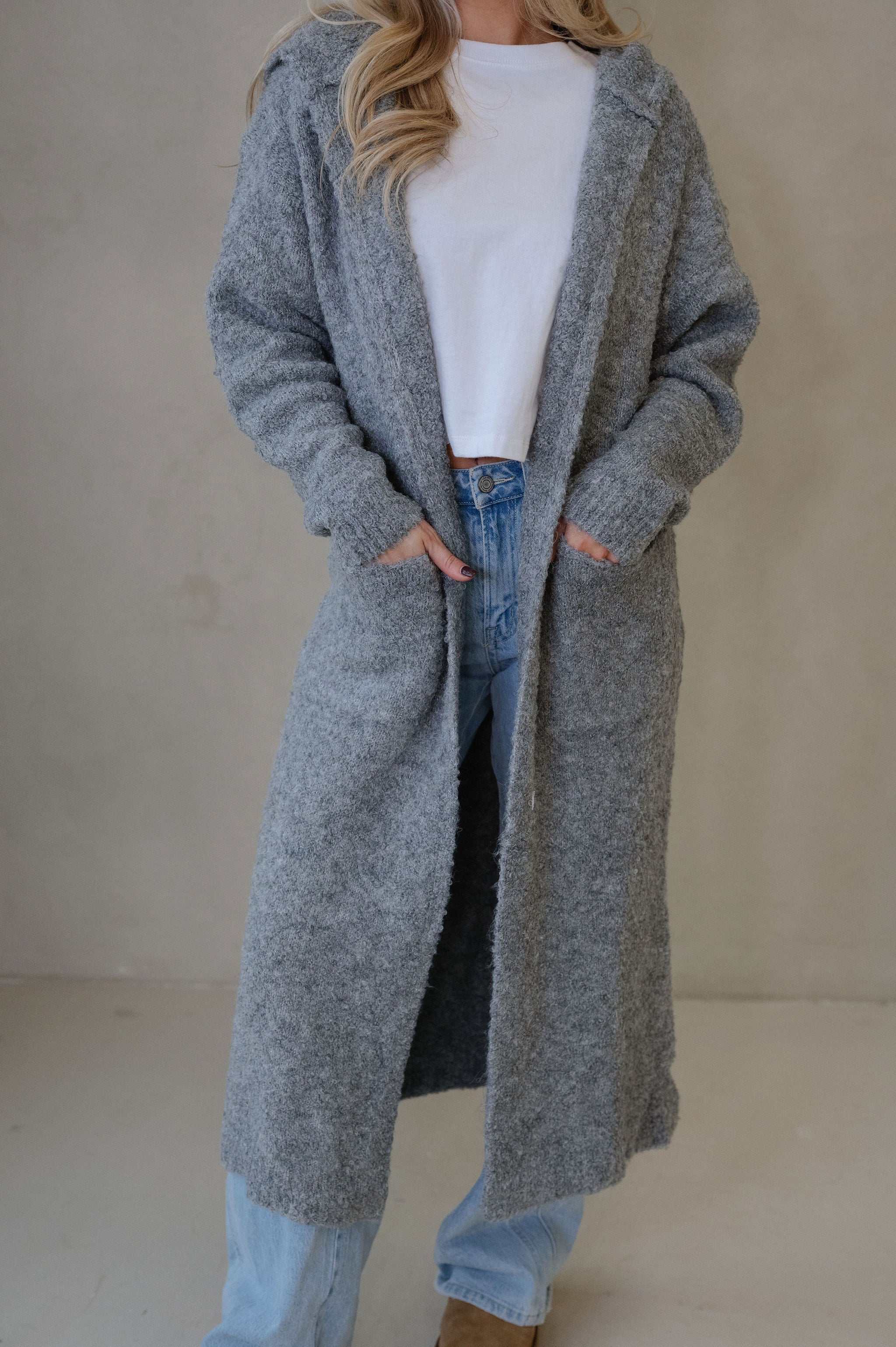 Cozy Knit Long Cardigan-Heather Grey