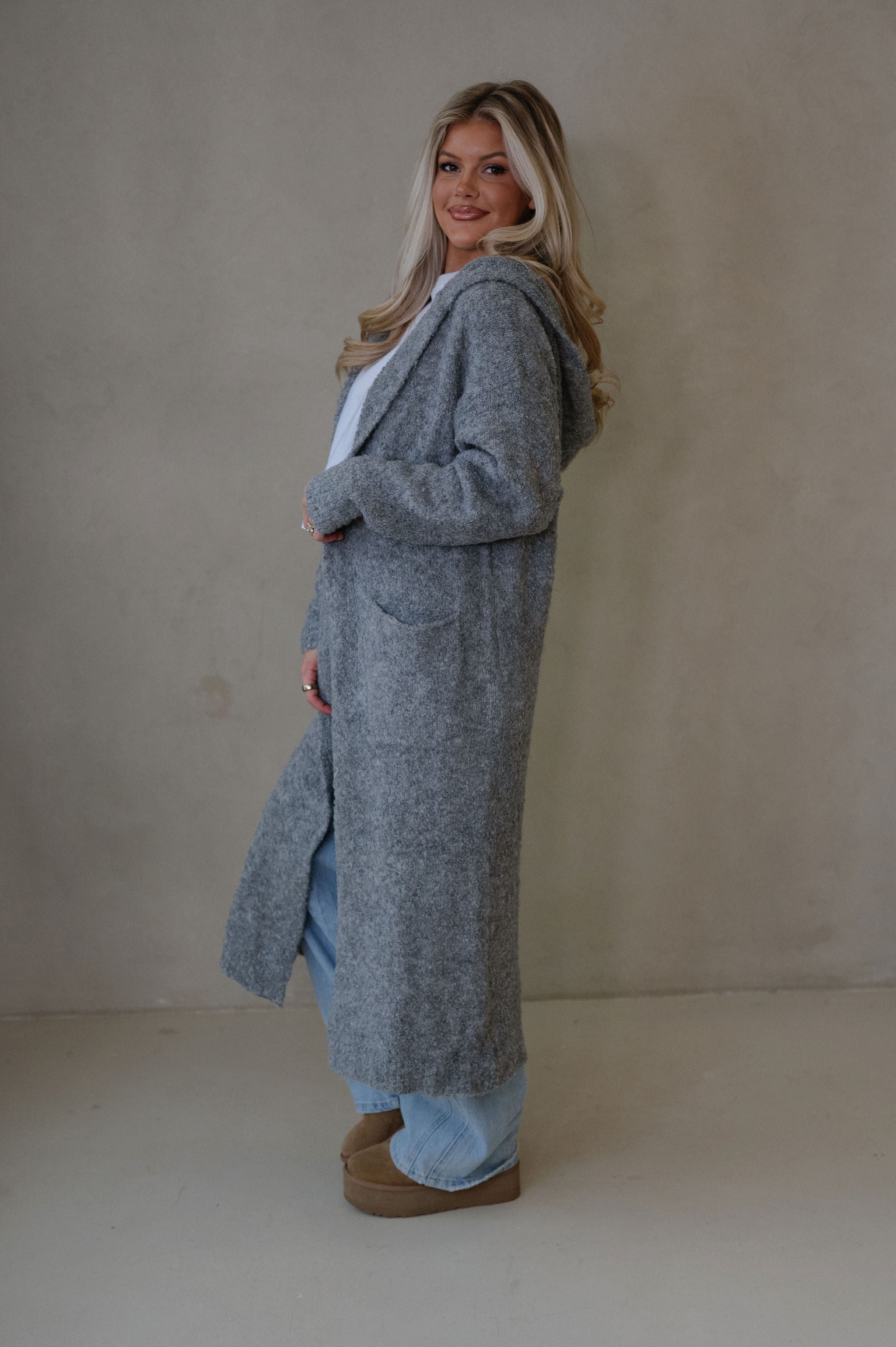 Cozy Knit Long Cardigan-Heather Grey