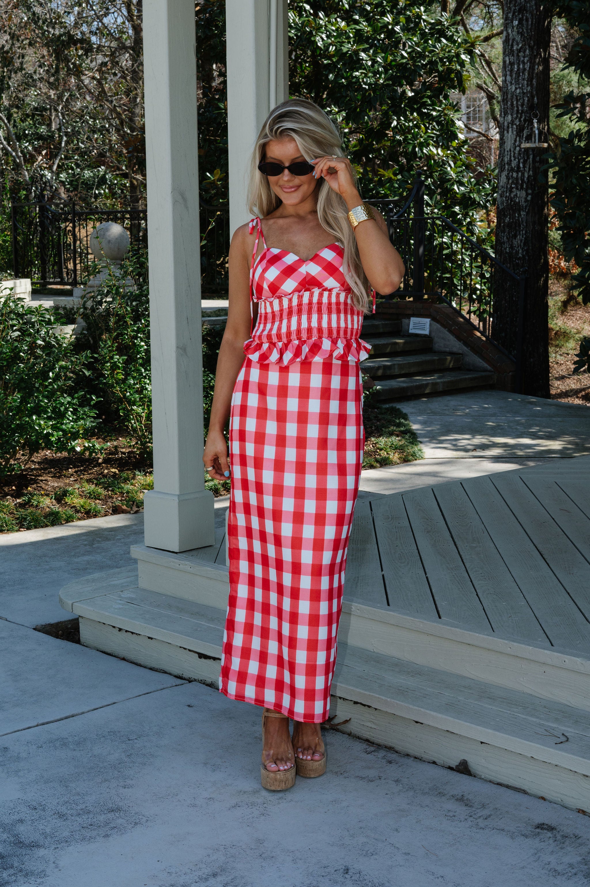 Collier Gingham Skirt Set-Red/White