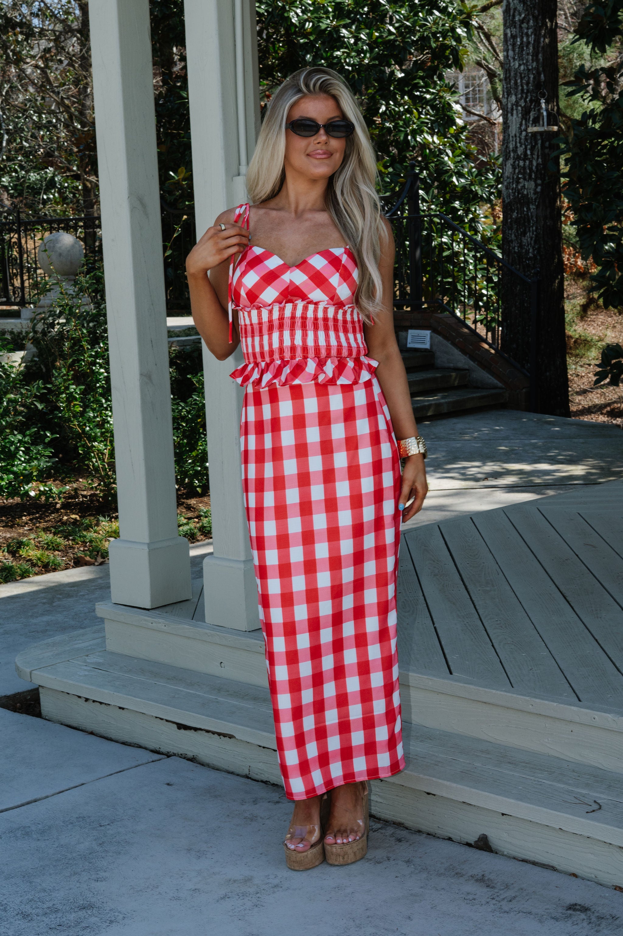 Collier Gingham Skirt Set-Red/White