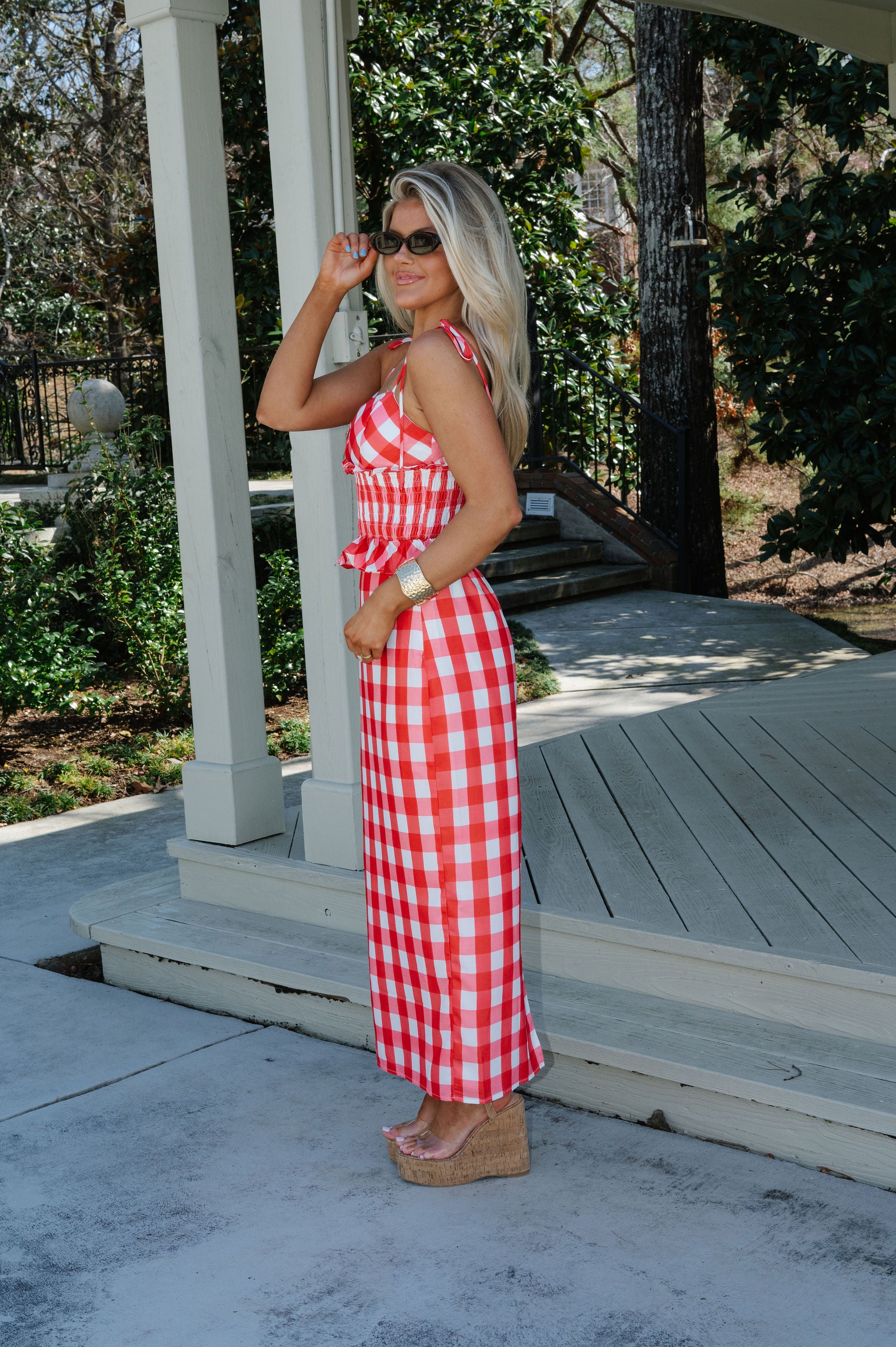 Collier Gingham Skirt Set-Red/White