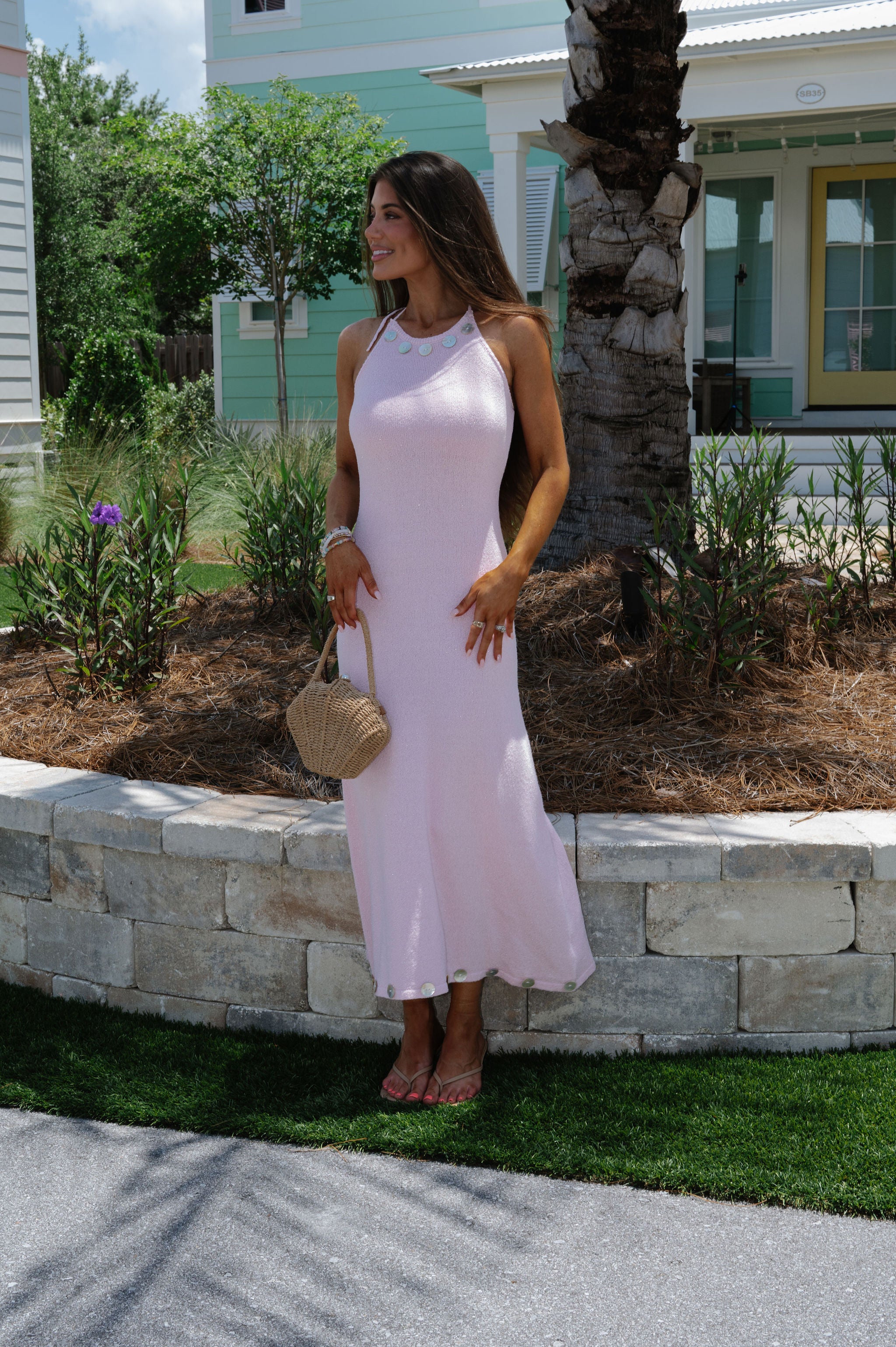 Shell Button Halter Midi Dress-Pink