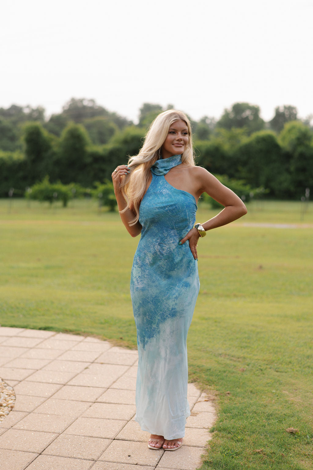 Satin Asymmetrical Sash Halter Maxi Dress