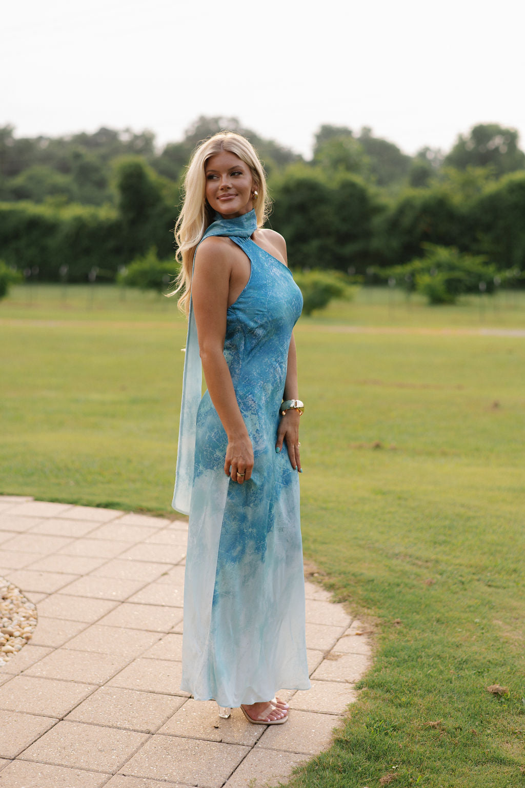 Satin Asymmetrical Sash Halter Maxi Dress