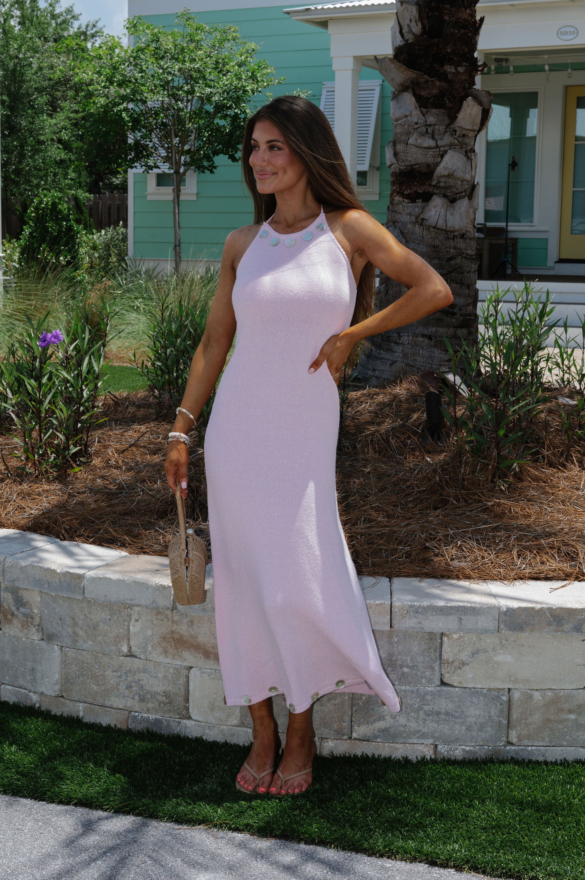 Shell Button Halter Midi Dress-Pink