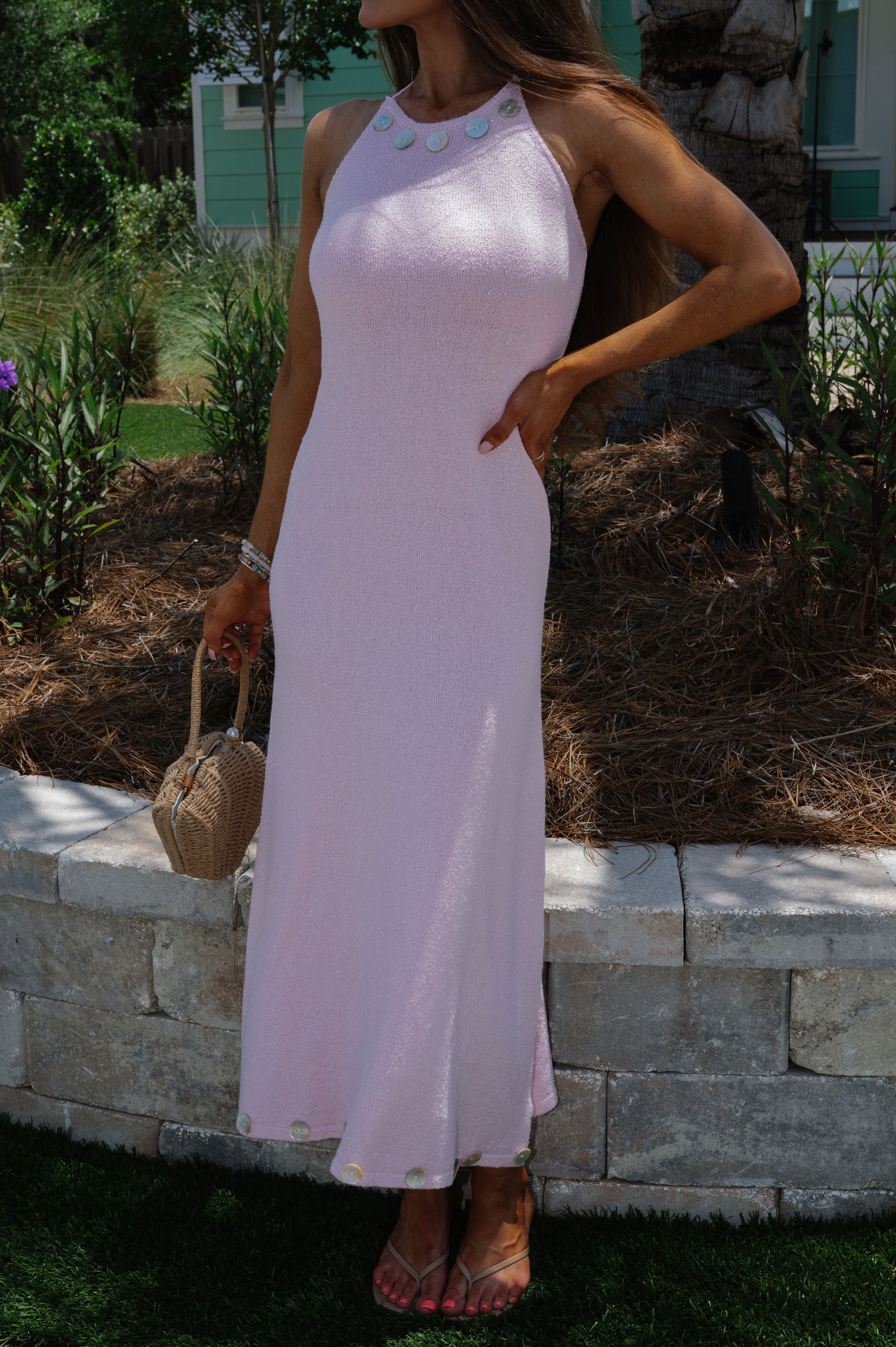 Shell Button Halter Midi Dress-Pink