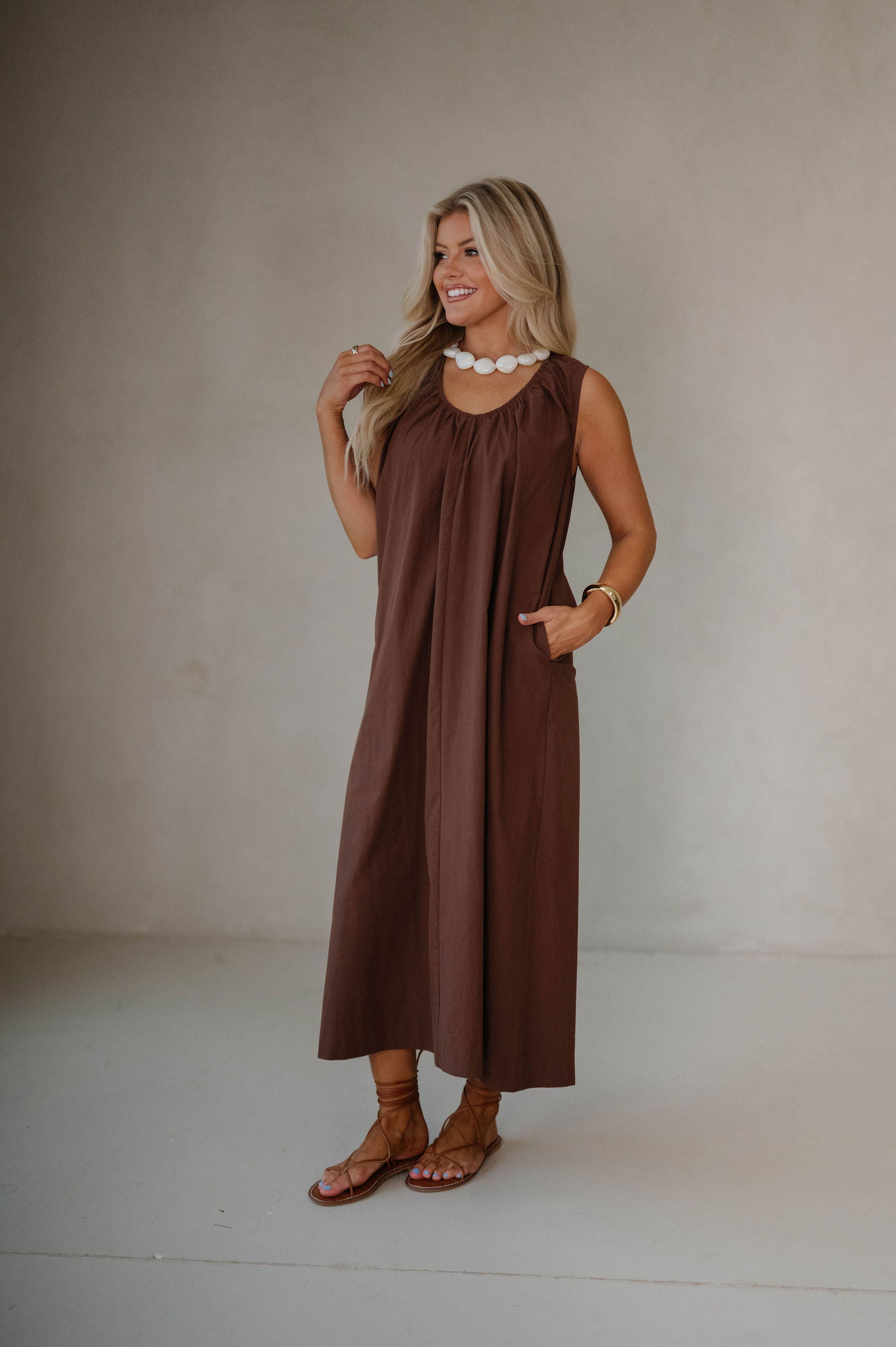 Sunday Sleeveless Midi Dress- Brown