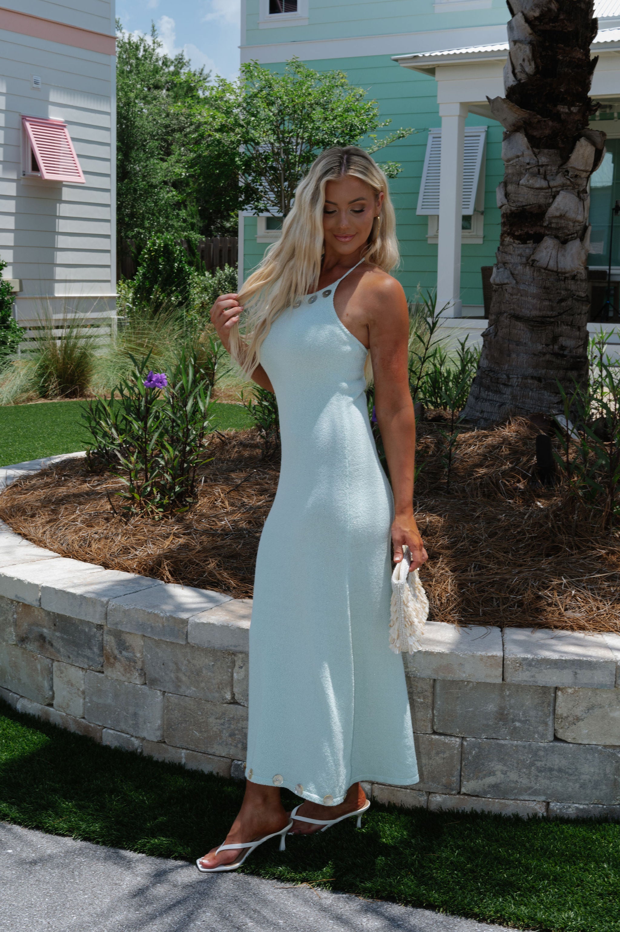 Shell Button Halter Maxi Dress-Mint