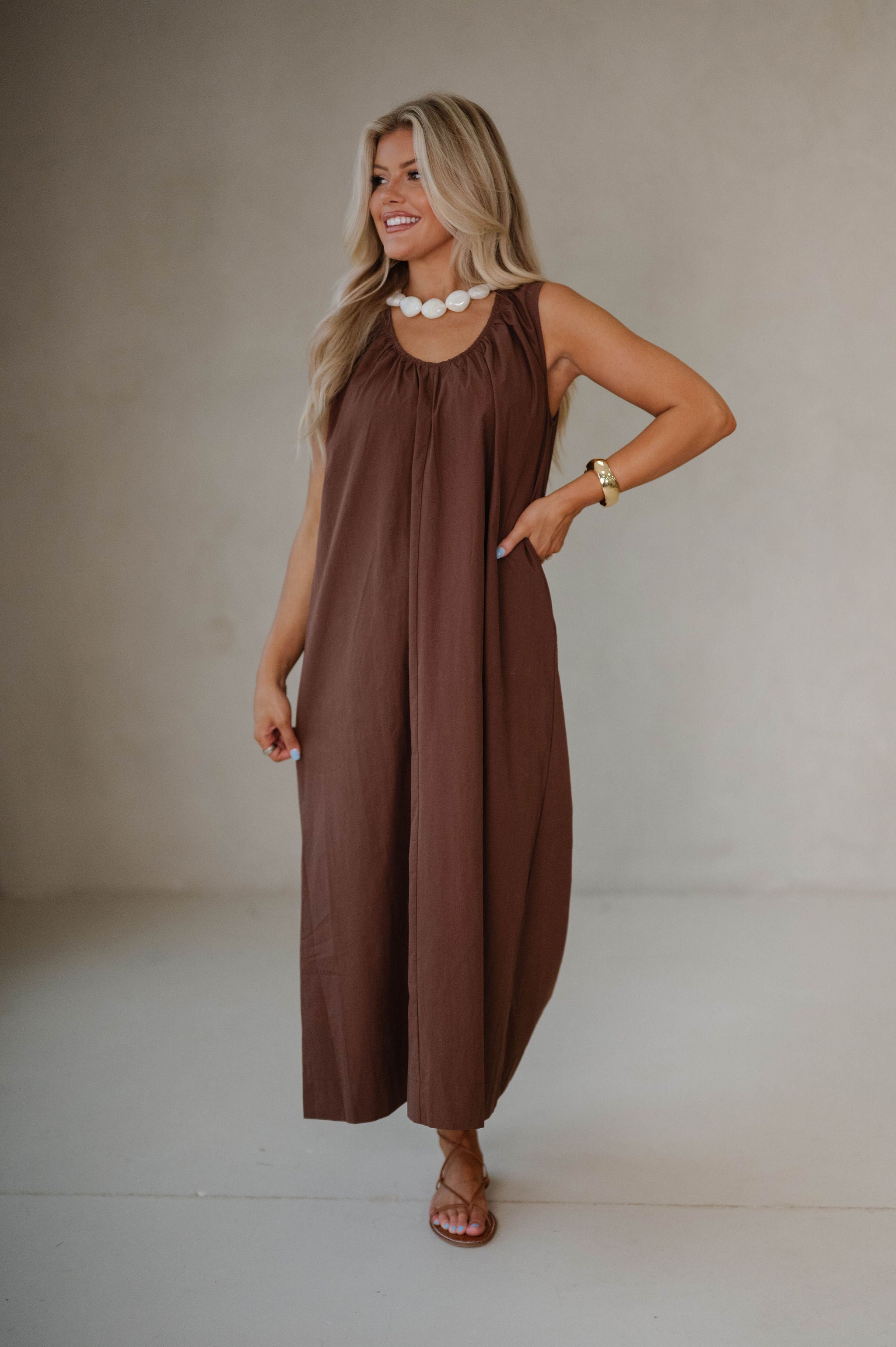 Sunday Sleeveless Midi Dress- Brown
