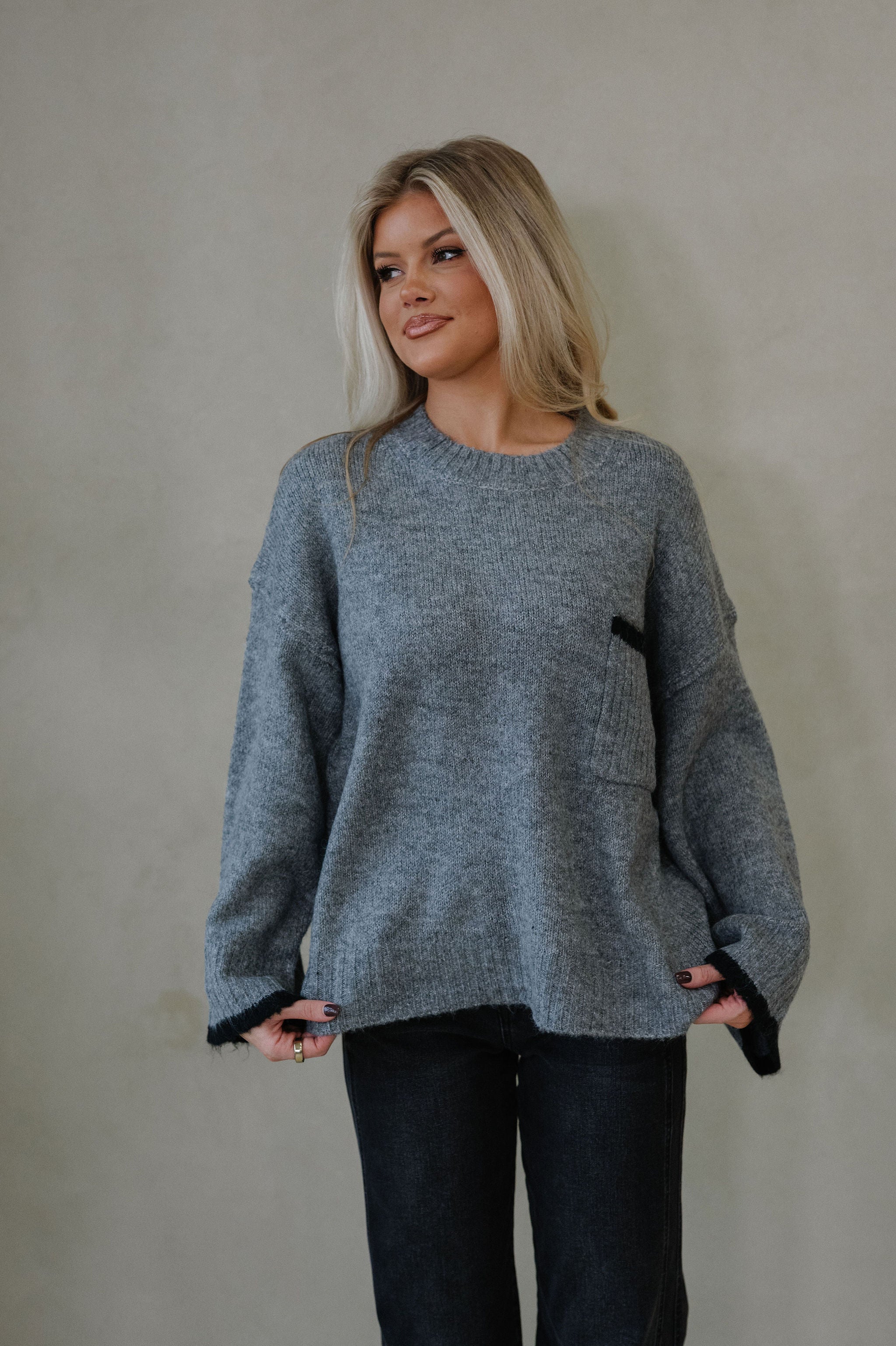 Crewneck Oversized Knit Sweater-Grey
