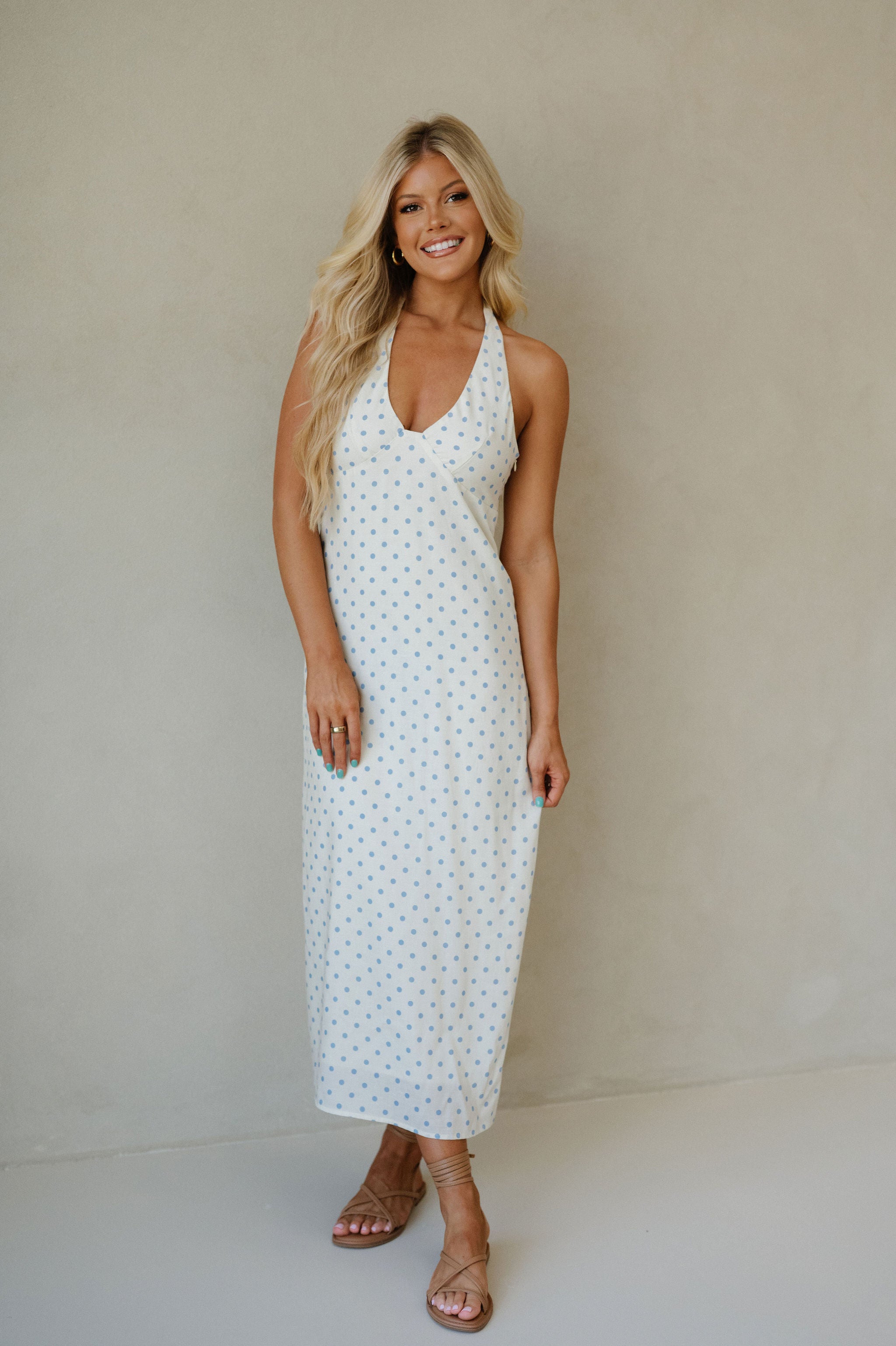 Polka Dot Halter Neck Dress-Ivory/Blue