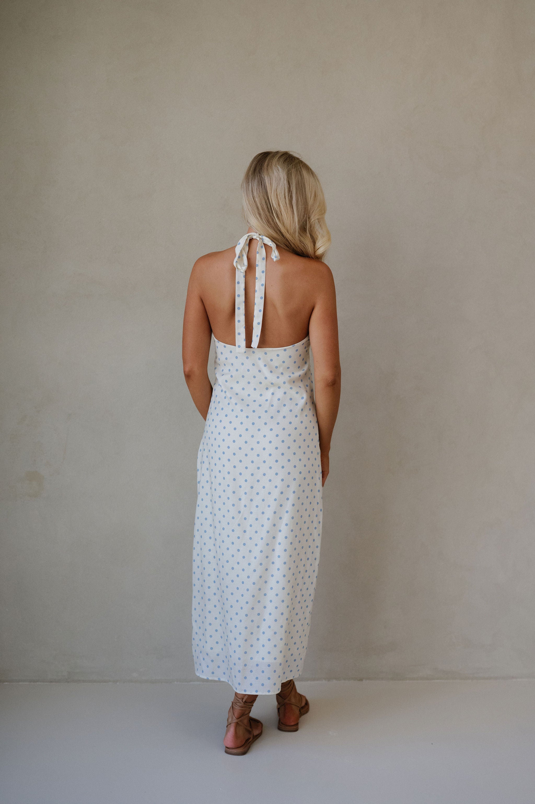 Polka Dot Halter Neck Dress-Ivory/Blue