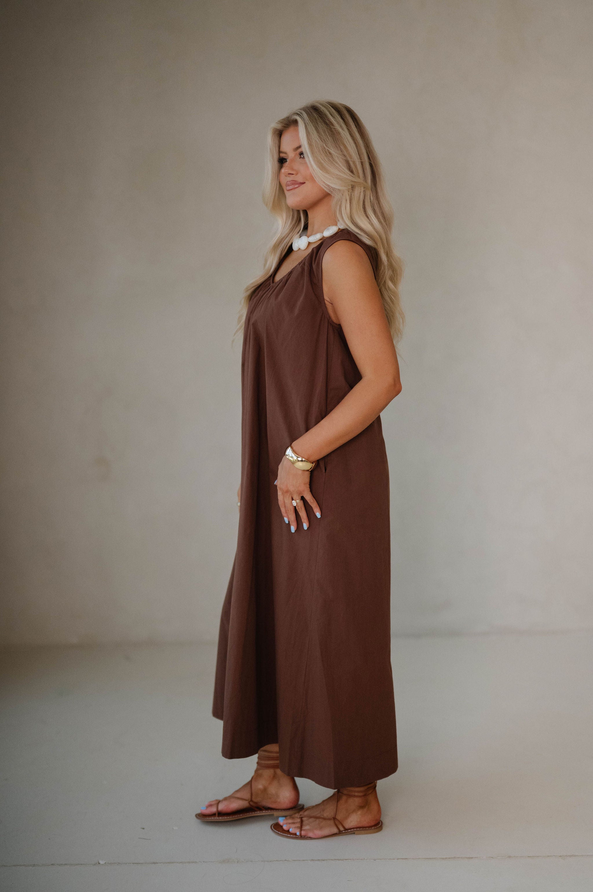 Sunday Sleeveless Midi Dress- Brown