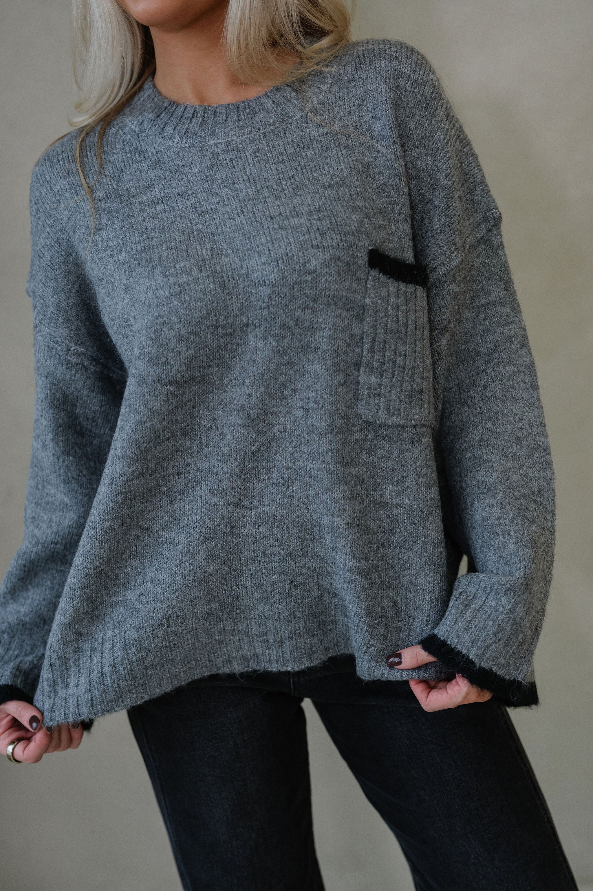 Crewneck Oversized Knit Sweater-Grey