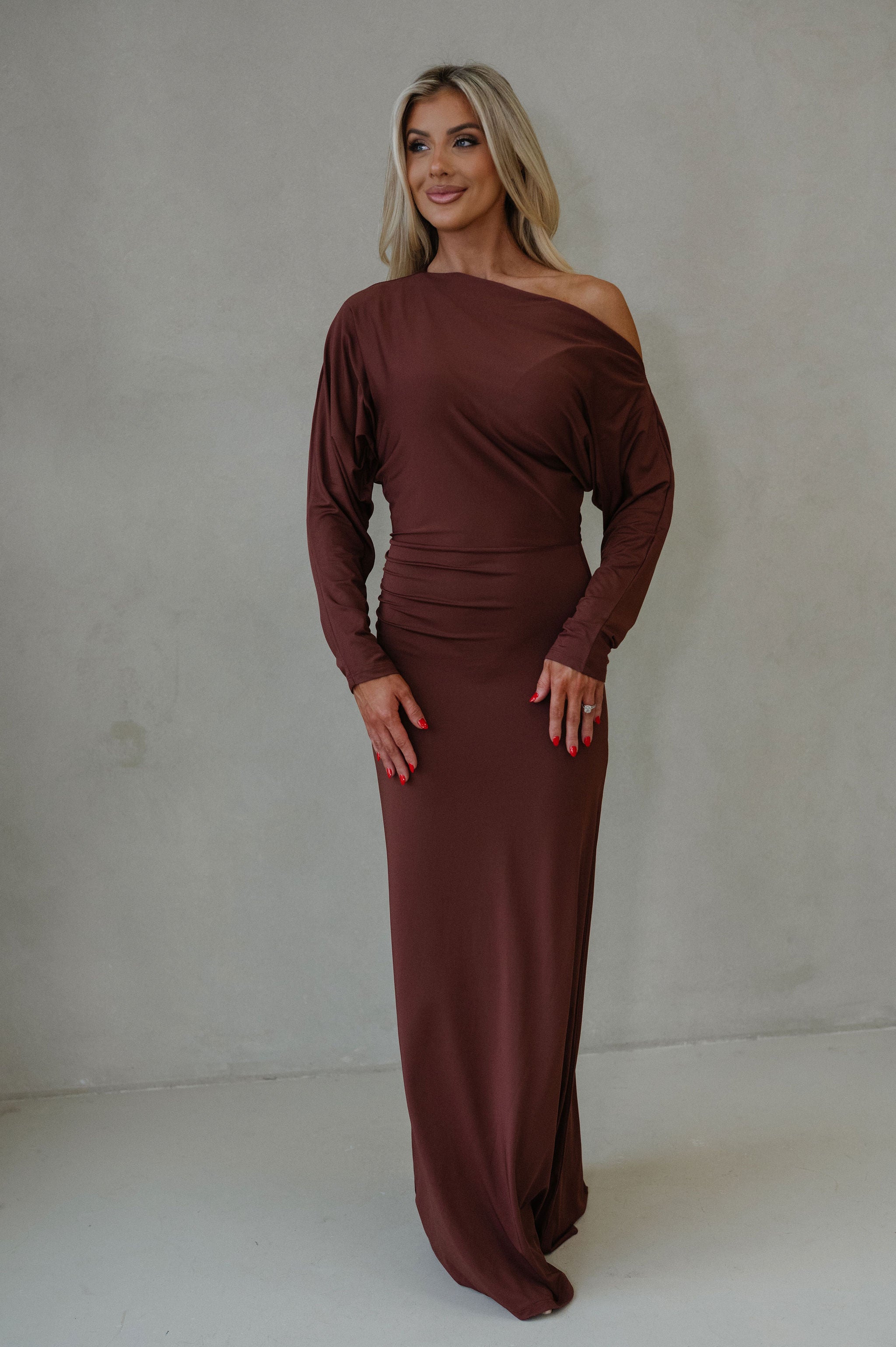 Jane Ruched Sleeve Maxi Dress-Metallic Copper