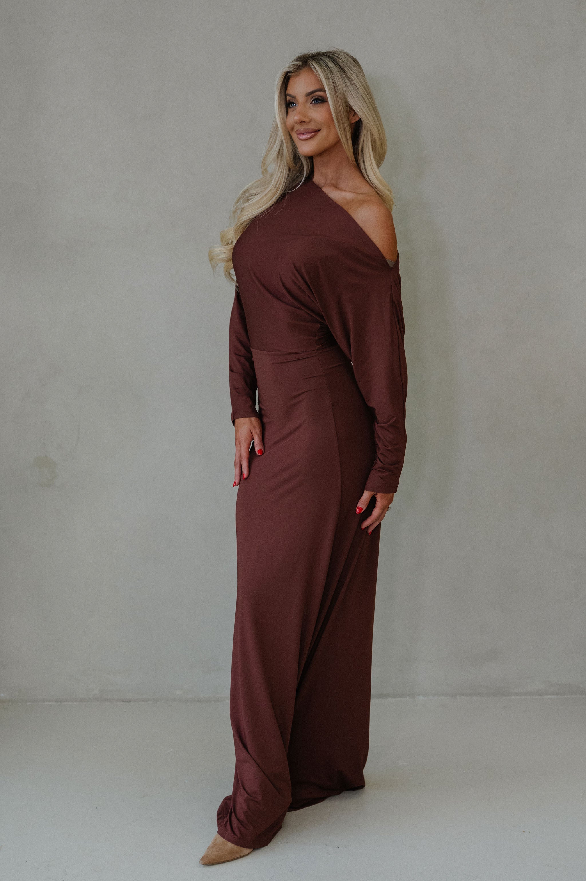 Jane Ruched Sleeve Maxi Dress-Metallic Copper