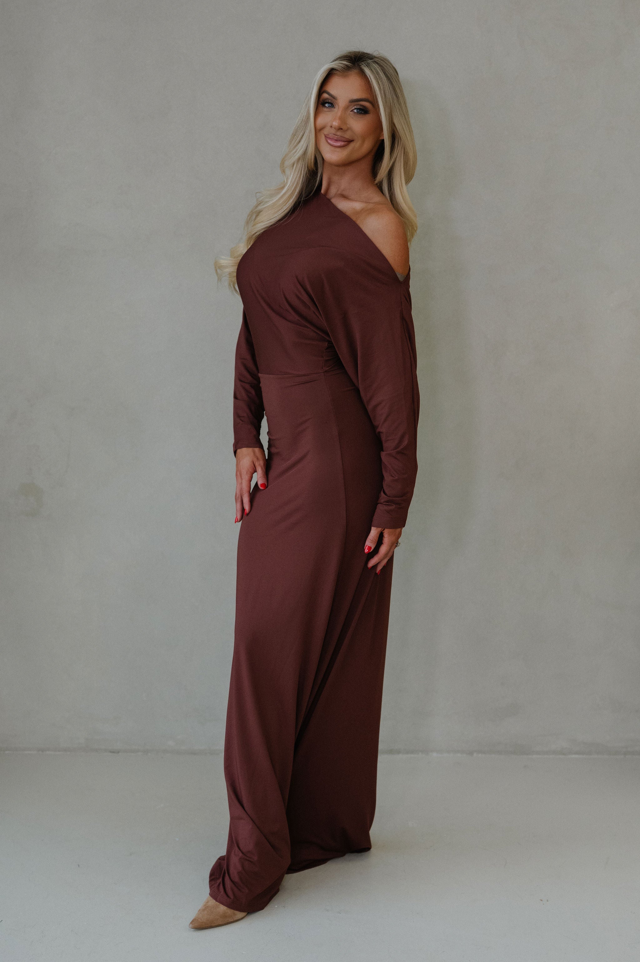 Jane Ruched Sleeve Maxi Dress-Metallic Copper