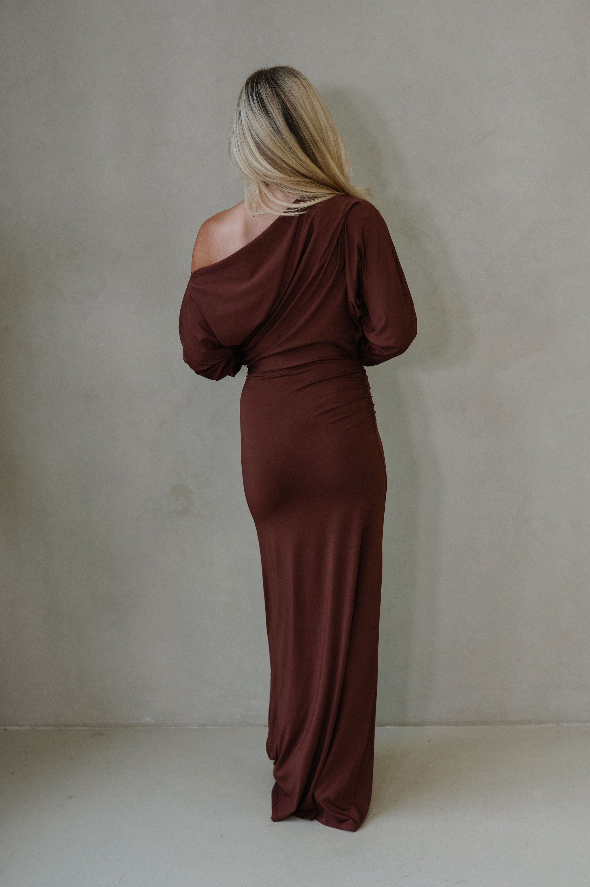 Jane Ruched Sleeve Maxi Dress-Metallic Copper