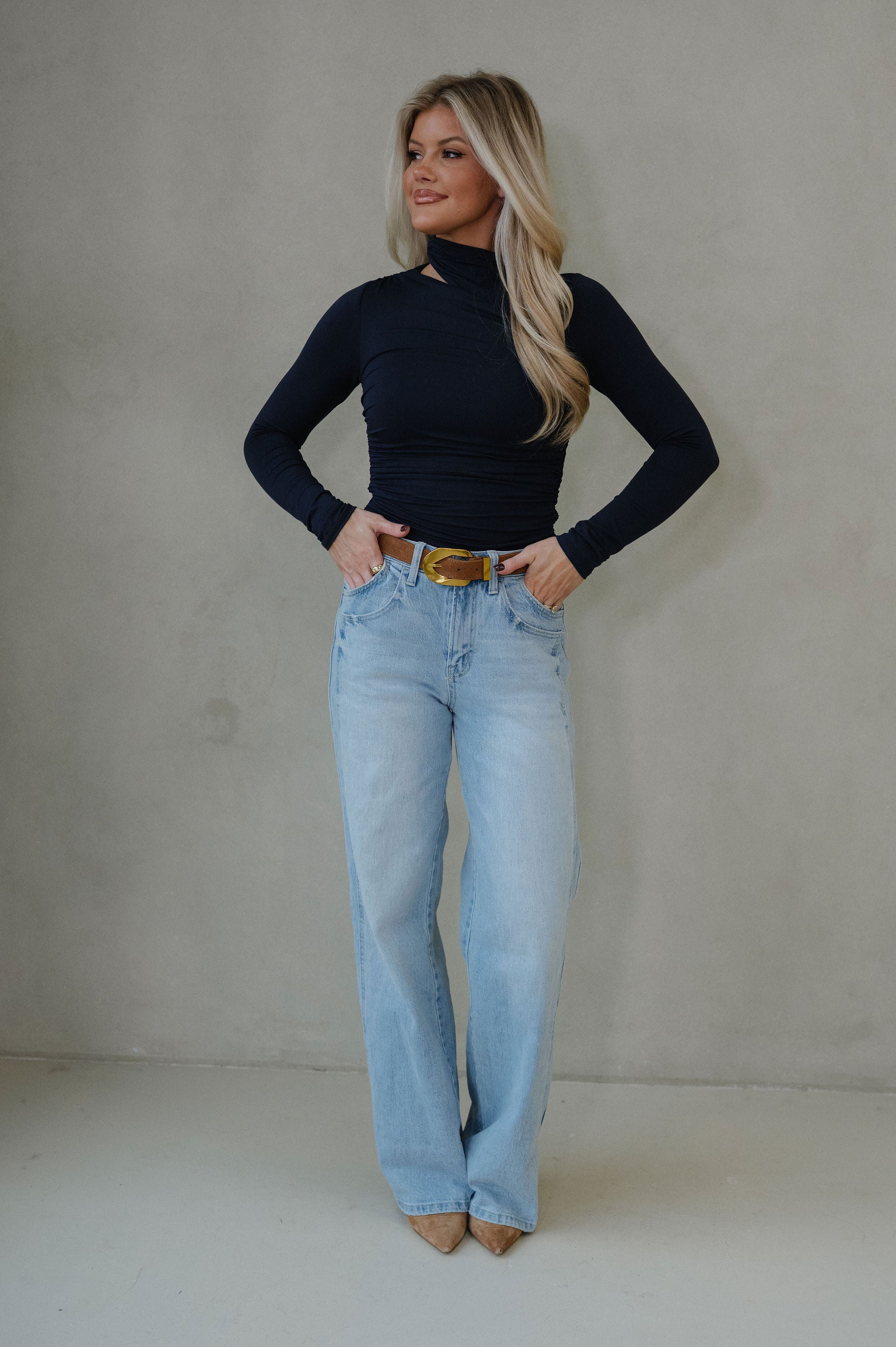 Ivy Asymmetric Mock Neck Top-Dark Navy