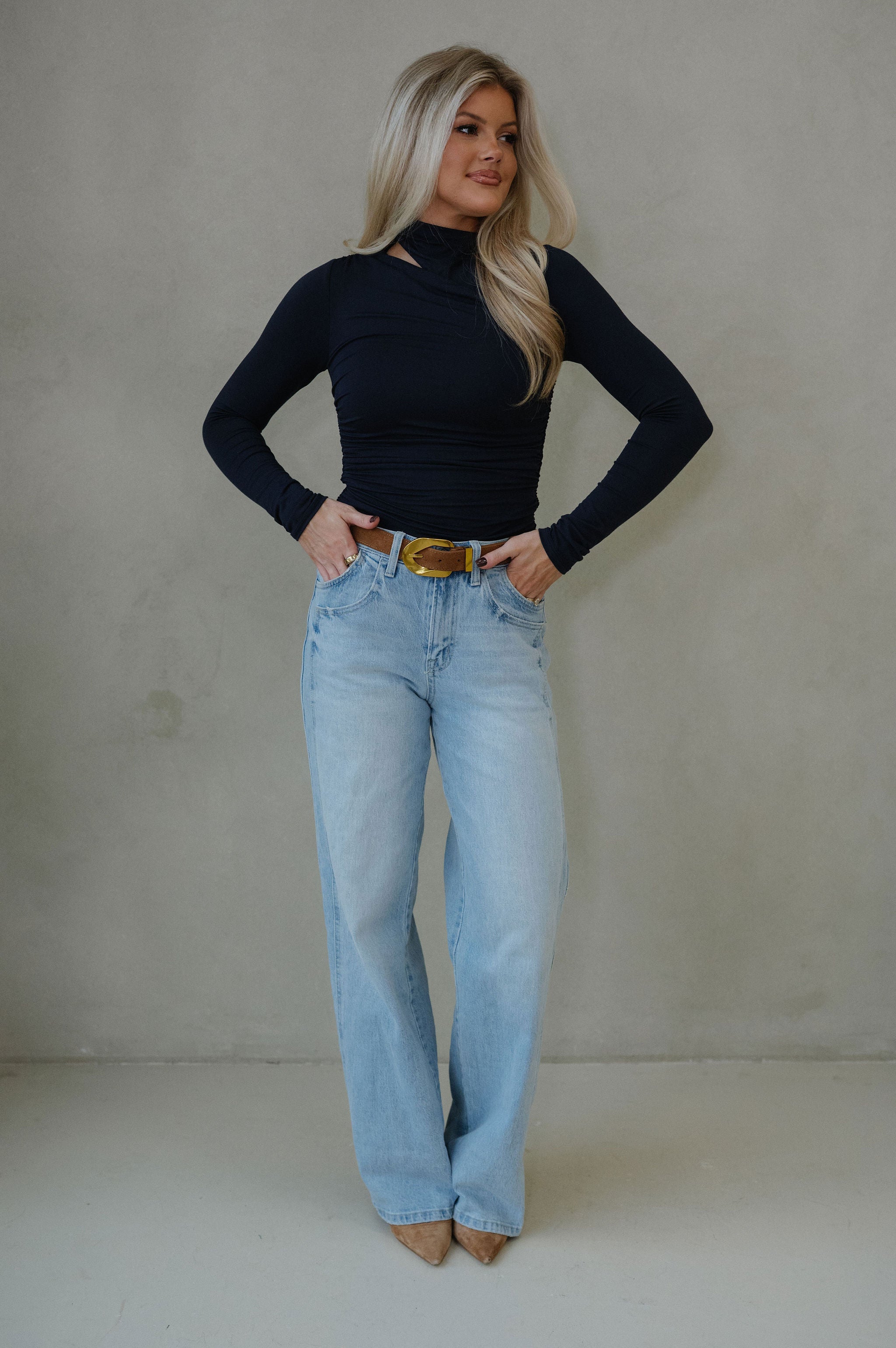 Ivy Asymmetric Mock Neck Top-Dark Navy