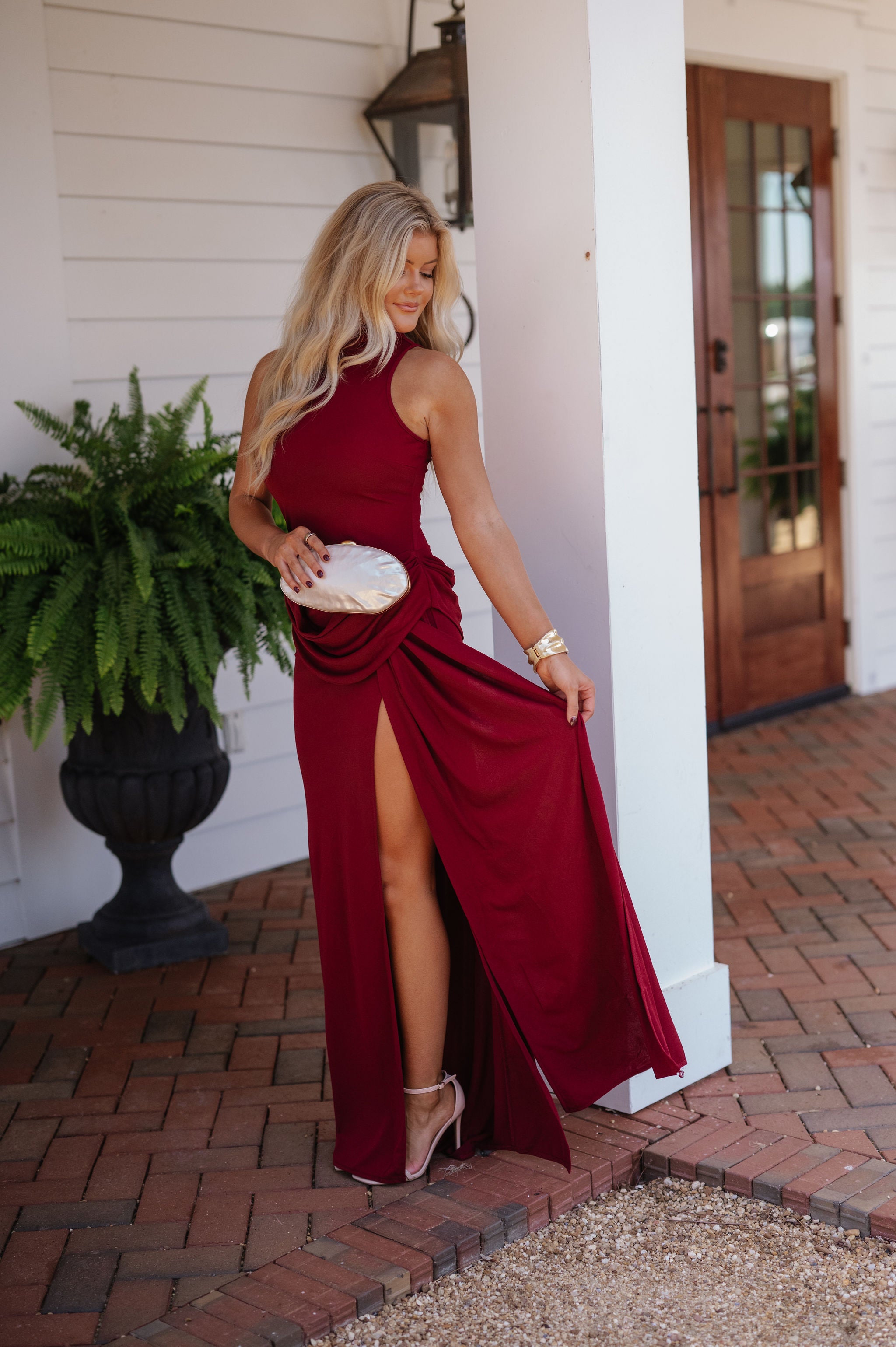 Maia Sleeveless Mock Neck Maxi Dress-Burgundy