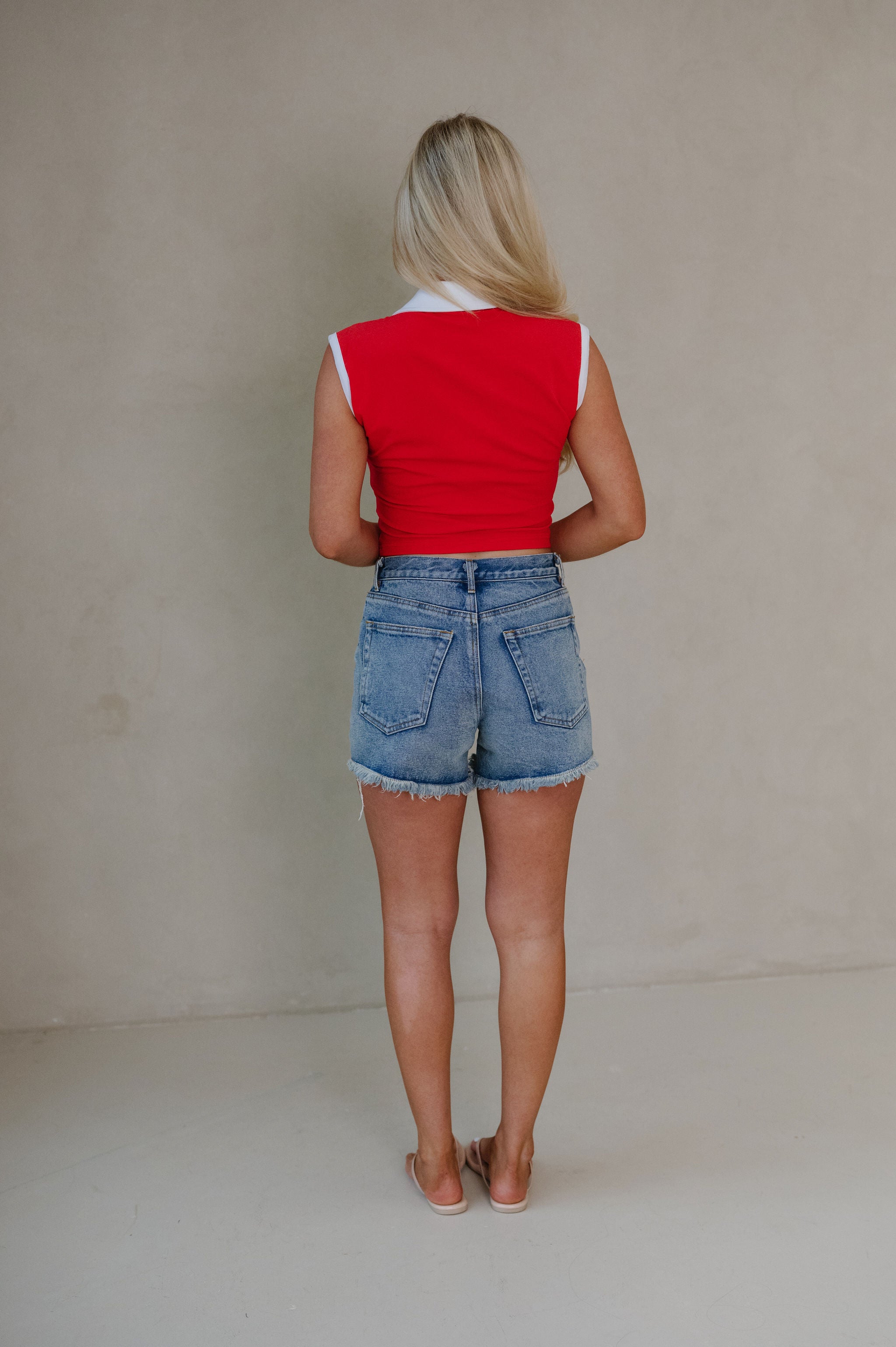 USA Flag Detail Collared Top-Red/White