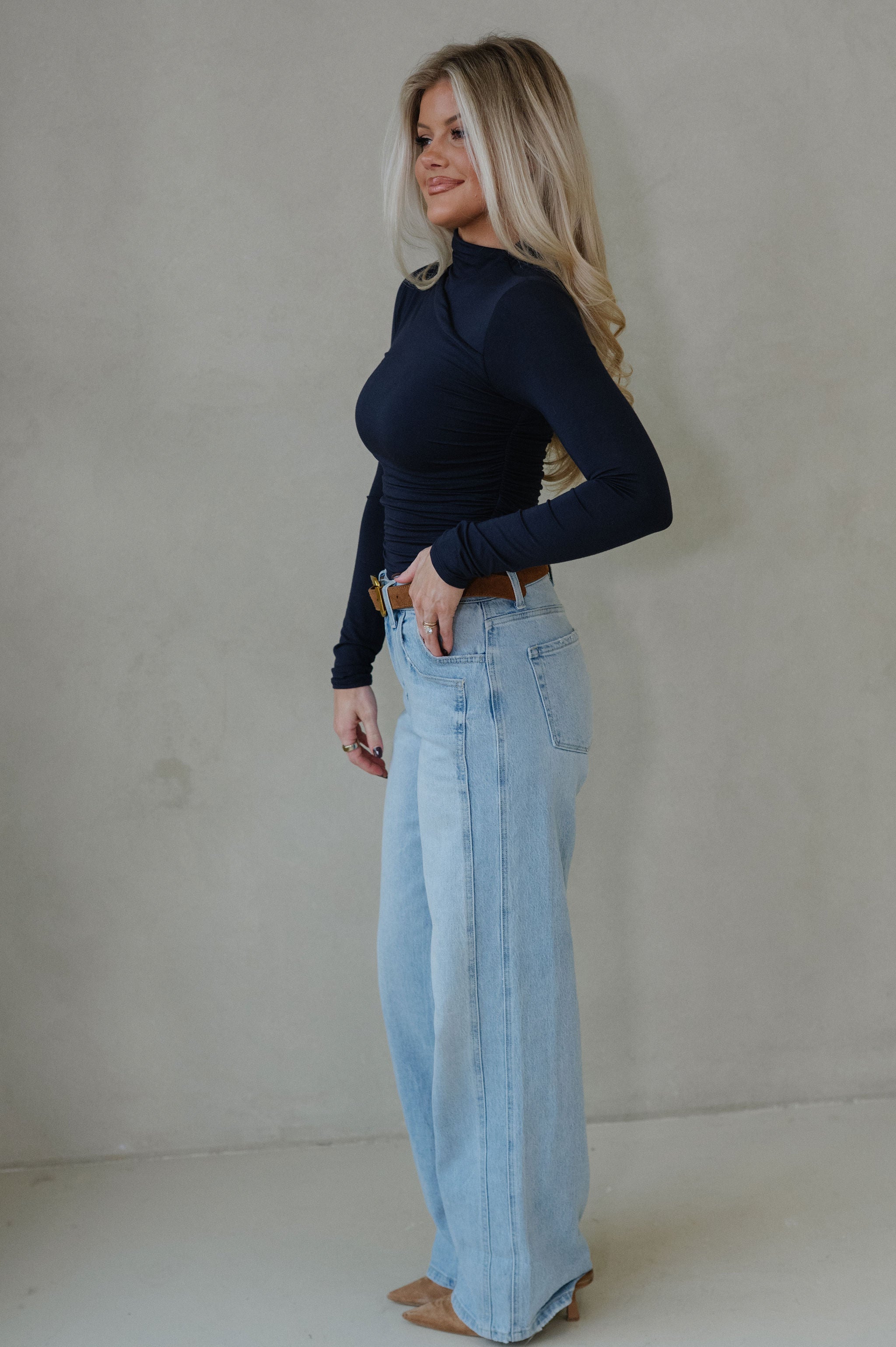 Ivy Asymmetric Mock Neck Top-Dark Navy