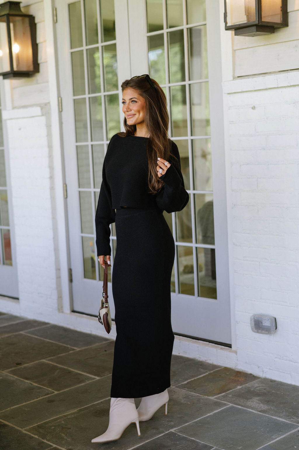 Missy Sweater Knit Midi Skirt Set- Black