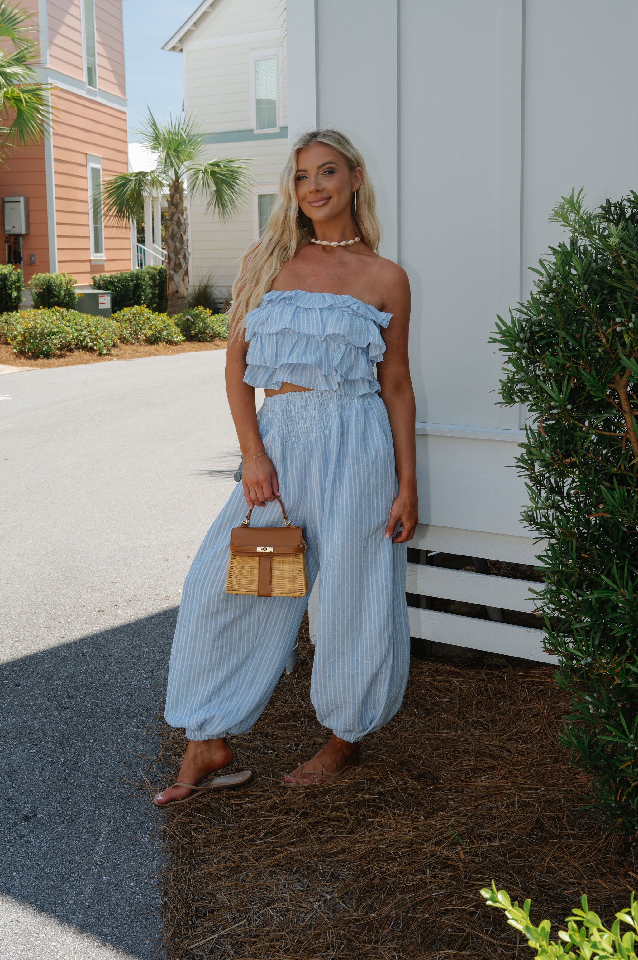 Rue Ruffle Stripe Pants Set-Blue