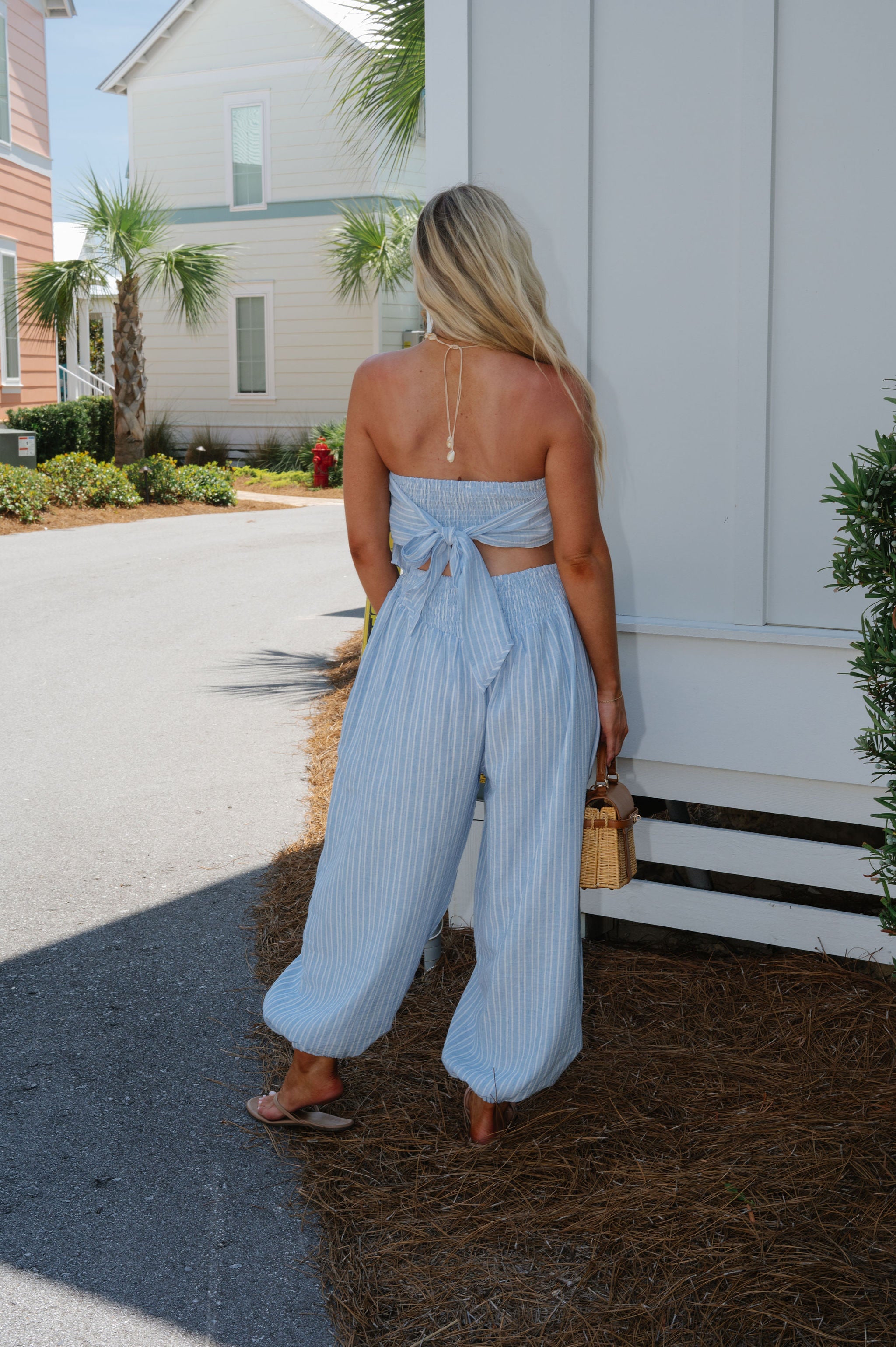 Rue Ruffle Stripe Pants Set-Blue