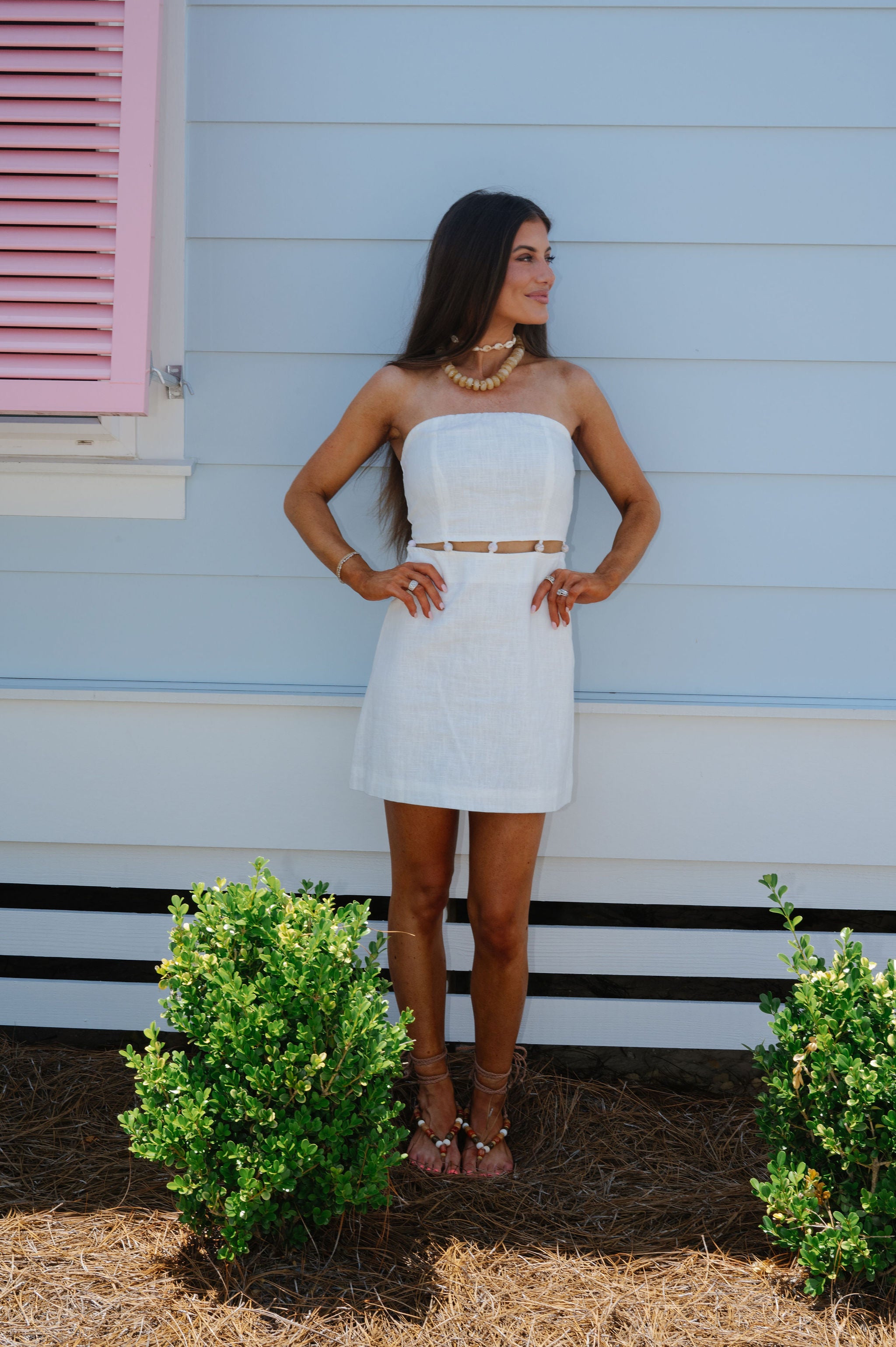 Beaded Strapless Mini Dress-Off White