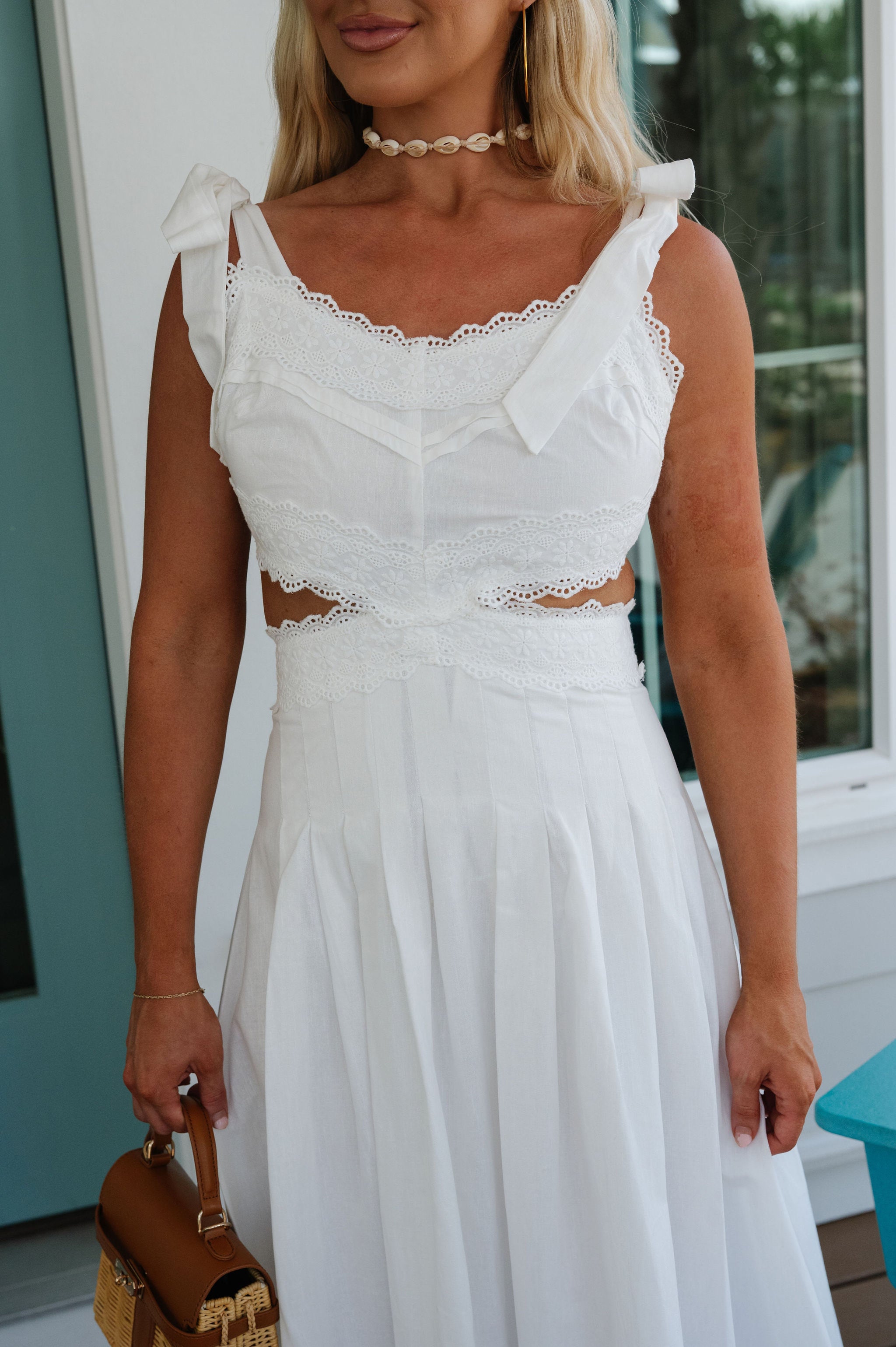 Evie Lace Trim Midi Dress-Off White